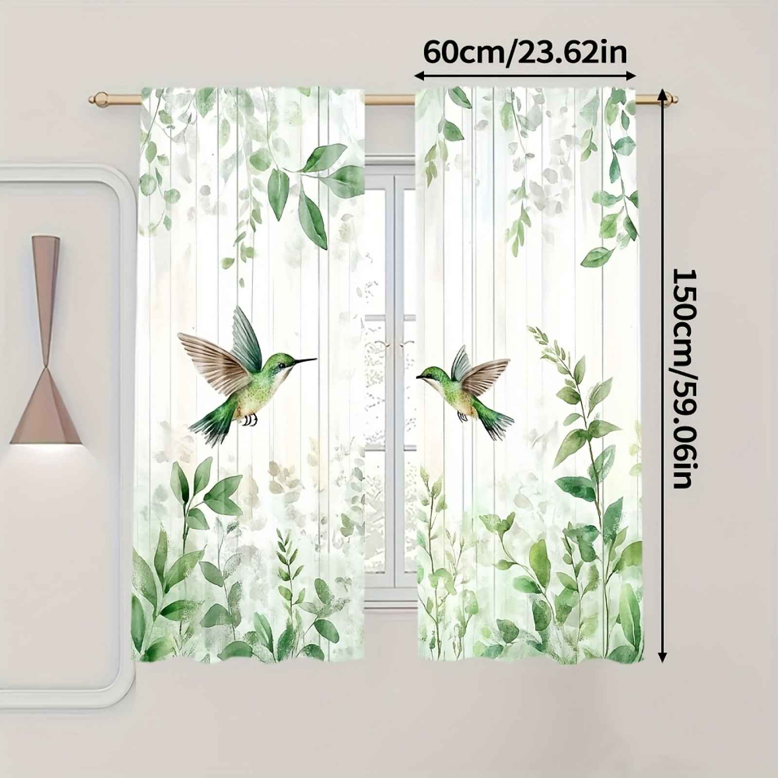 TEMU 2 ks, bohémské závěsy s potiskem ptáků, eukalyptový kolibrík, bílo-zelené , botanické rostliny, květinové cottagecore, odolný polyester, do