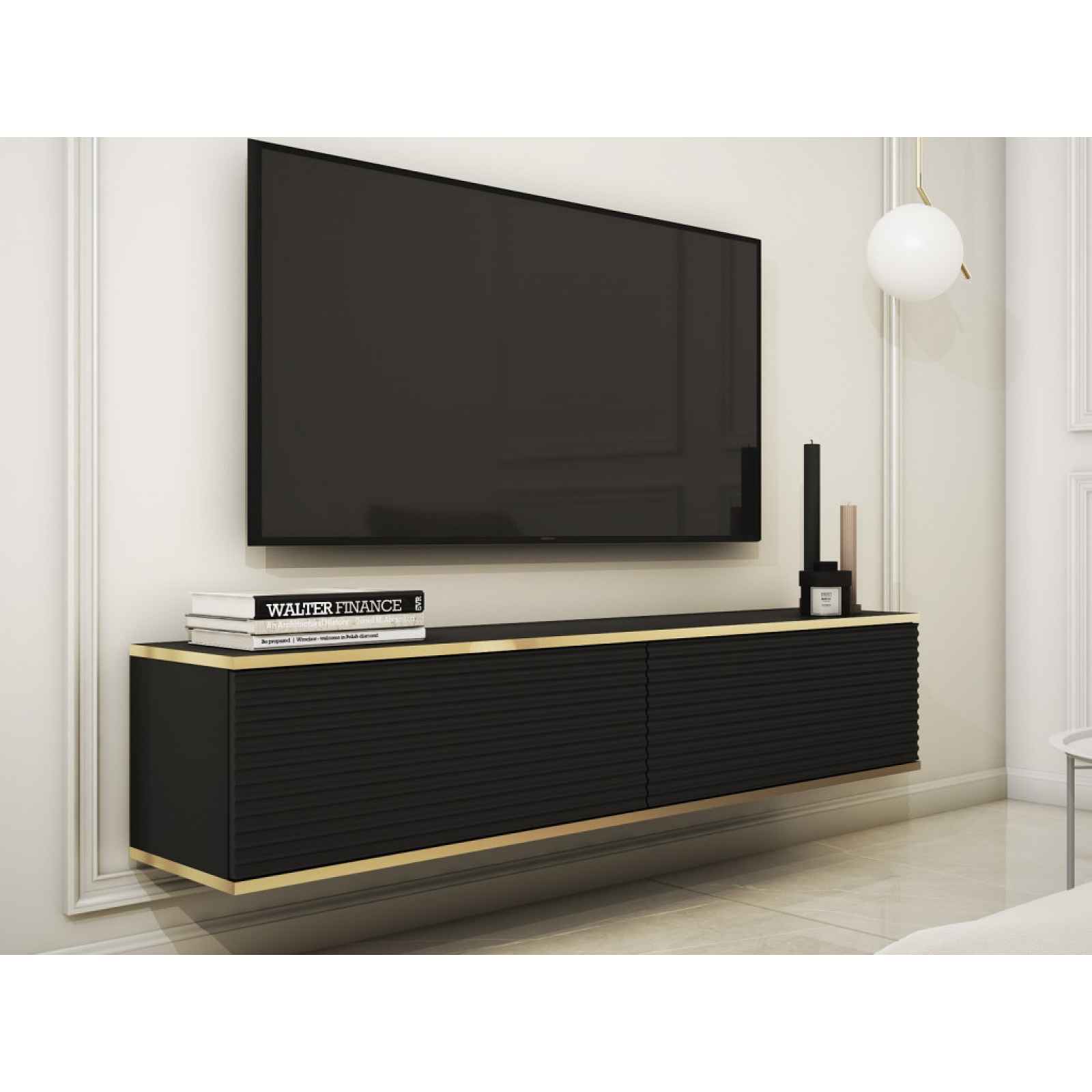 Závěsná TV skříňka Orfeo, 135 cm, černá struktura/zlatá