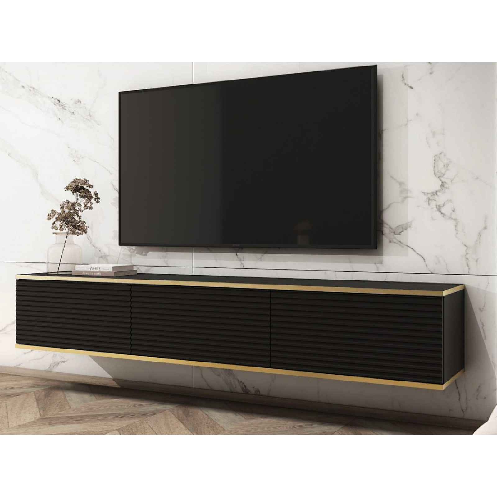Závěsná TV skříňka Orfeo, 175 cm, černá struktura/zlatá