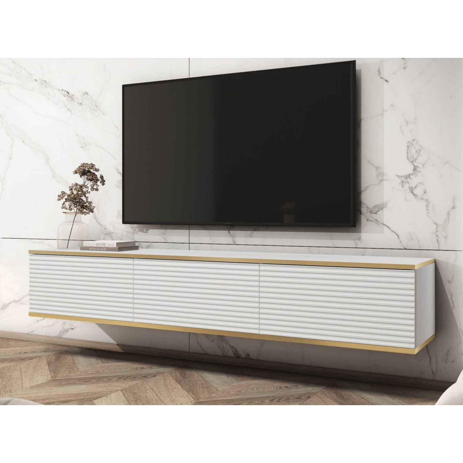 Závěsná TV skříňka Orfeo, 175 cm, bílá struktura/zlatá