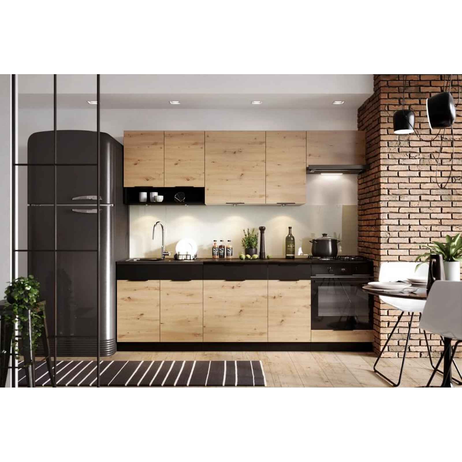 Moderní kuchynská linka Amalie 240cm, dub artisan/černá HELCEL