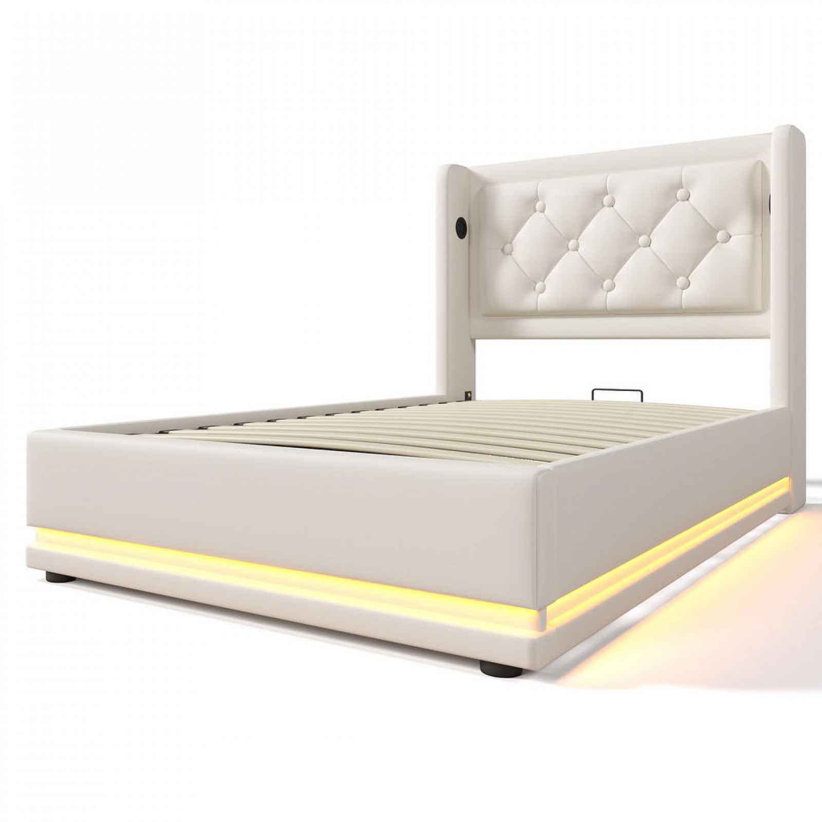 WISHDOR ČALOUNĚNÁ POSTEL 90/200 cm bílá umělou kůží s úložným prostorem, LED osvětlením a USB portem/Type-C