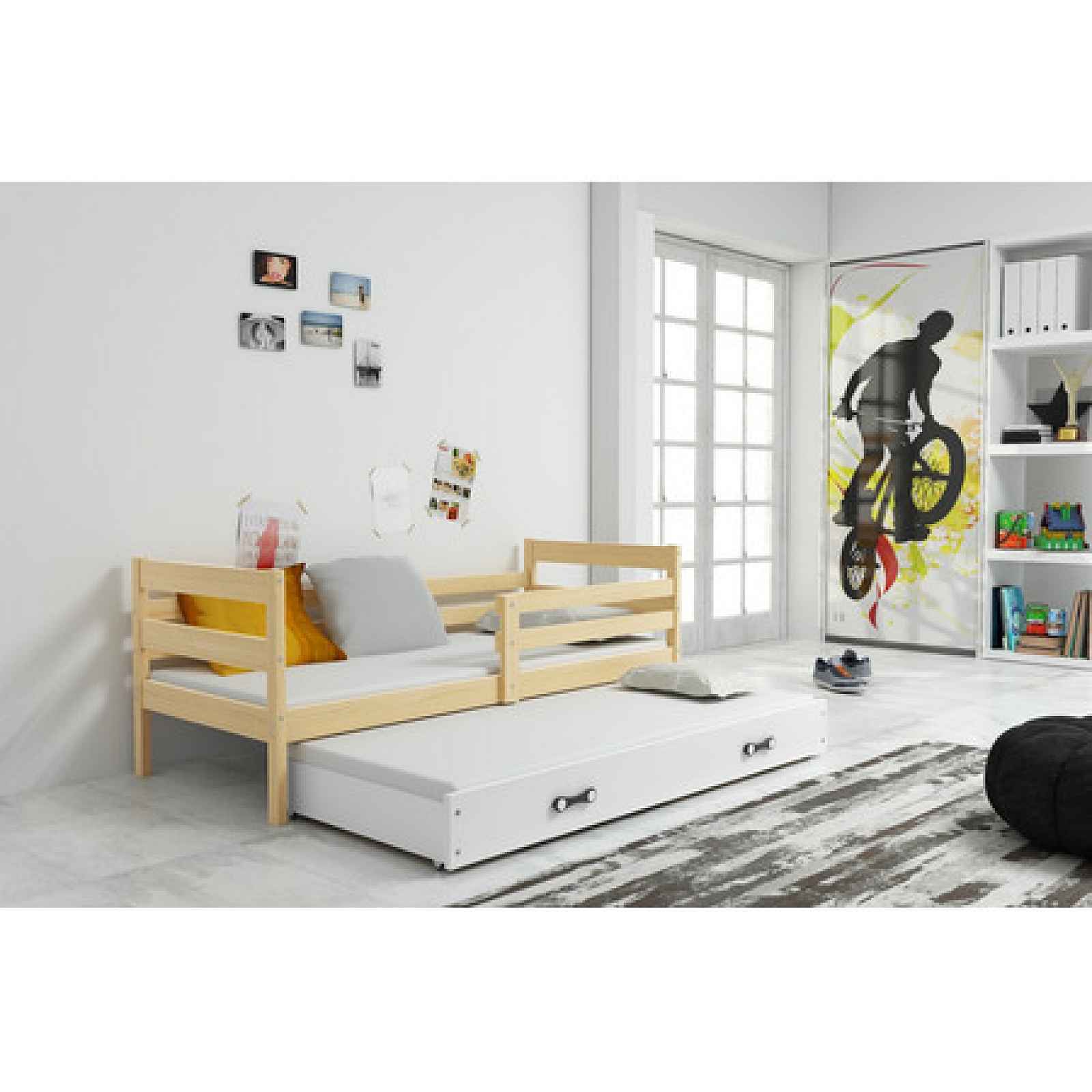 Dětská postel s výsuvnou postelí ERYK 200x90 cm Borovice Bílá