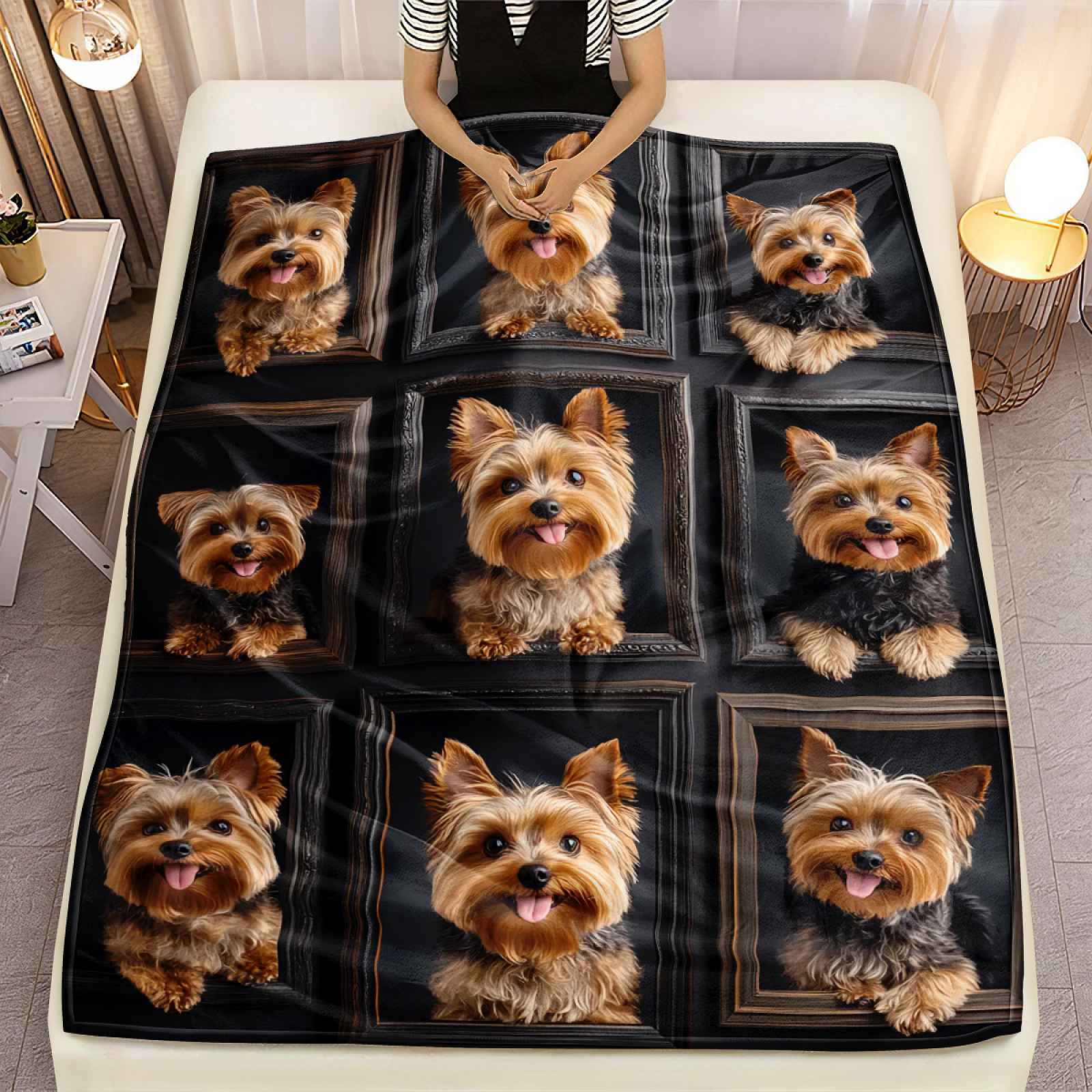 TEMU 1ks Vintage Yorkie Collage Flanelová – Měkká, Lehká Přikrývka s HD Potisky Psů pro Pohovku, Postel, Cestování & Kancelář – Teplý Antipilovací
