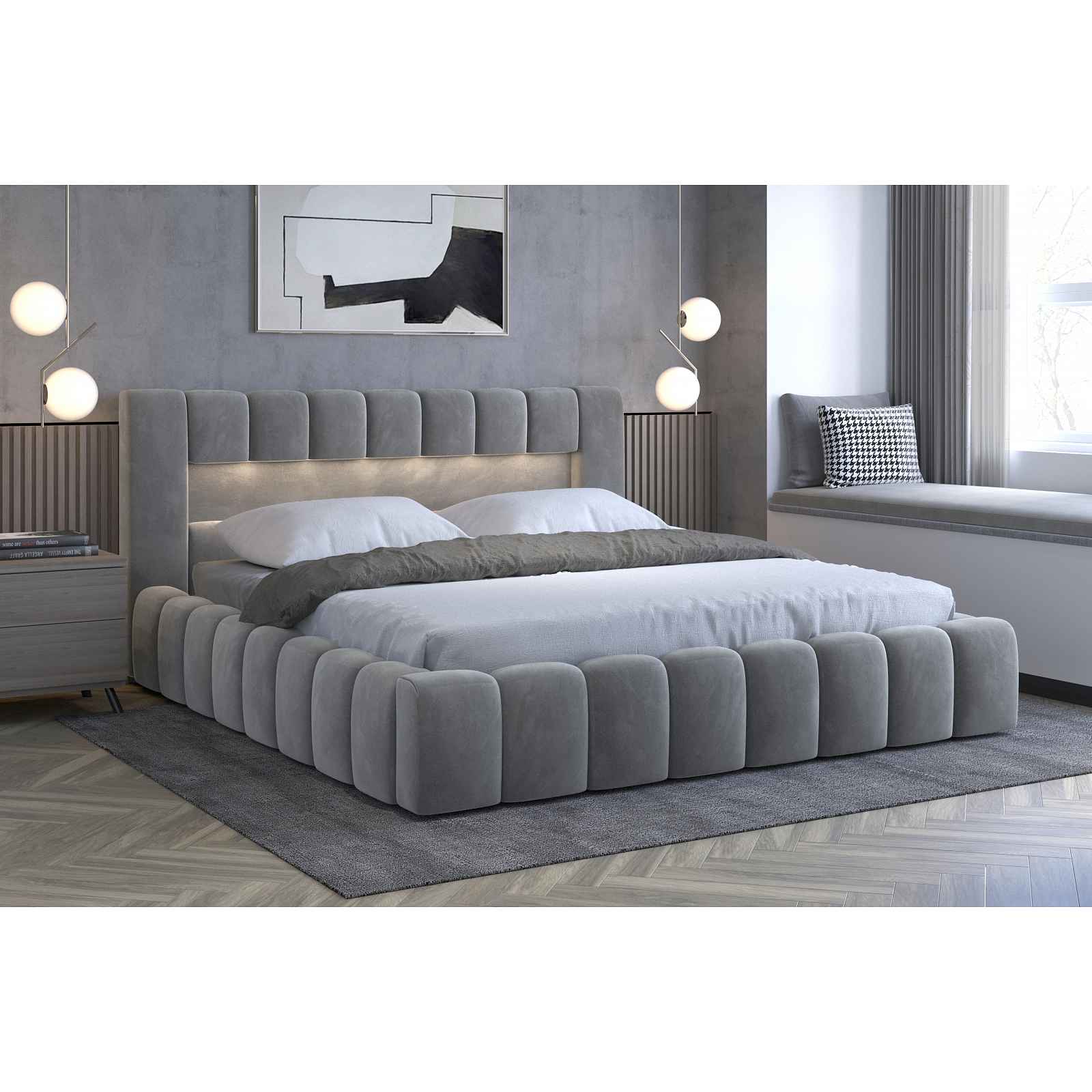 Moderní postel Lebrasco, 180x200cm, šedá + LED