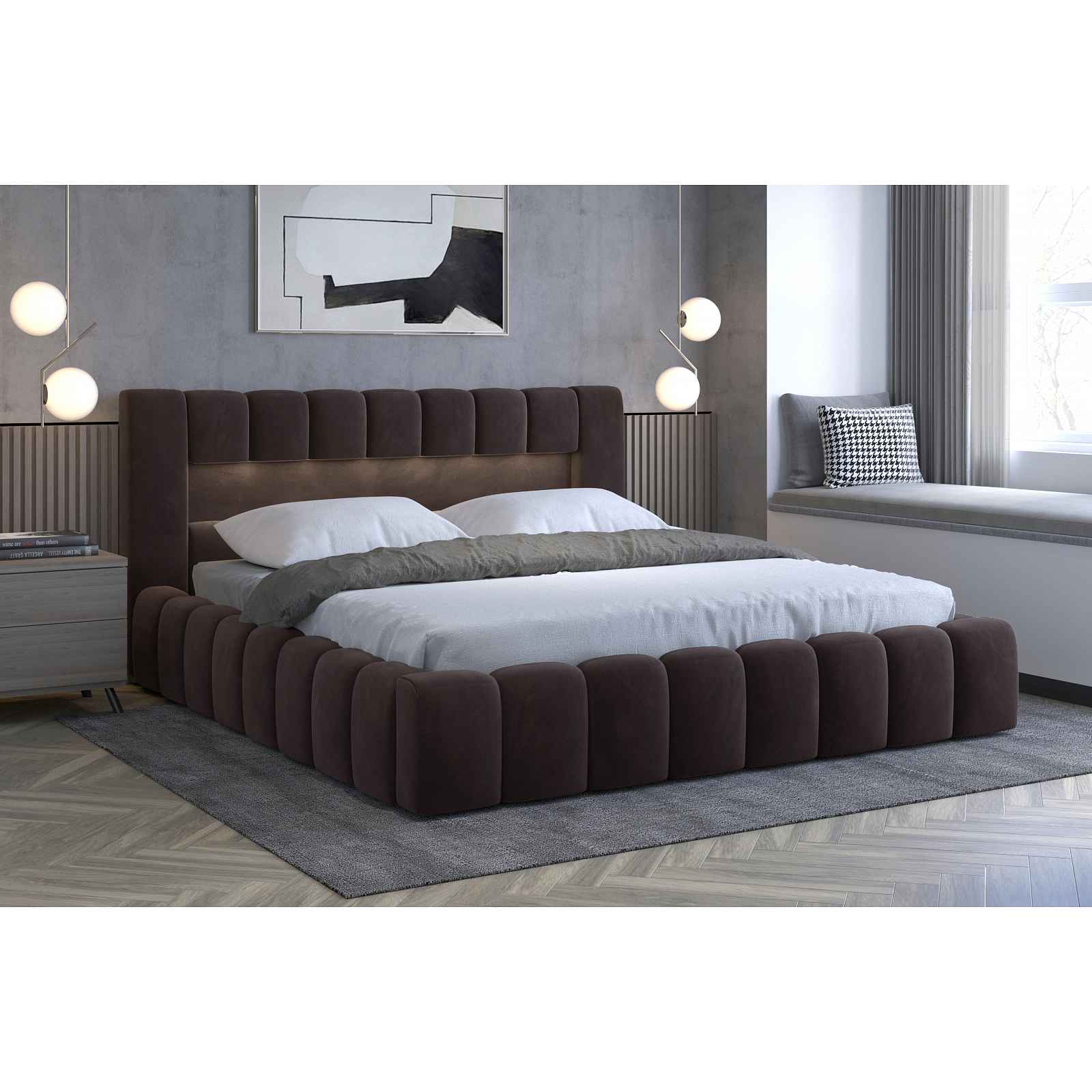 Moderní postel Lebrasco, 180x200cm, hnědá + LED