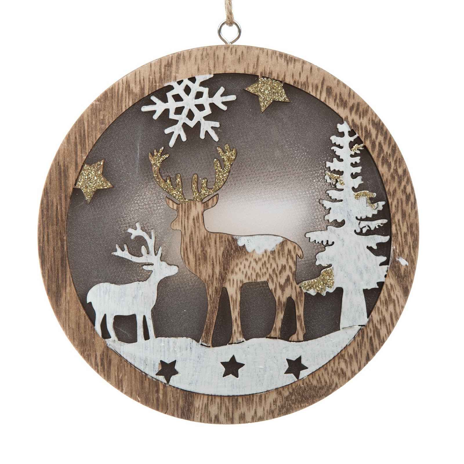 Dřevěná závěsná ozdoba s LED světlem Fawn, 13 x 2,5 cm