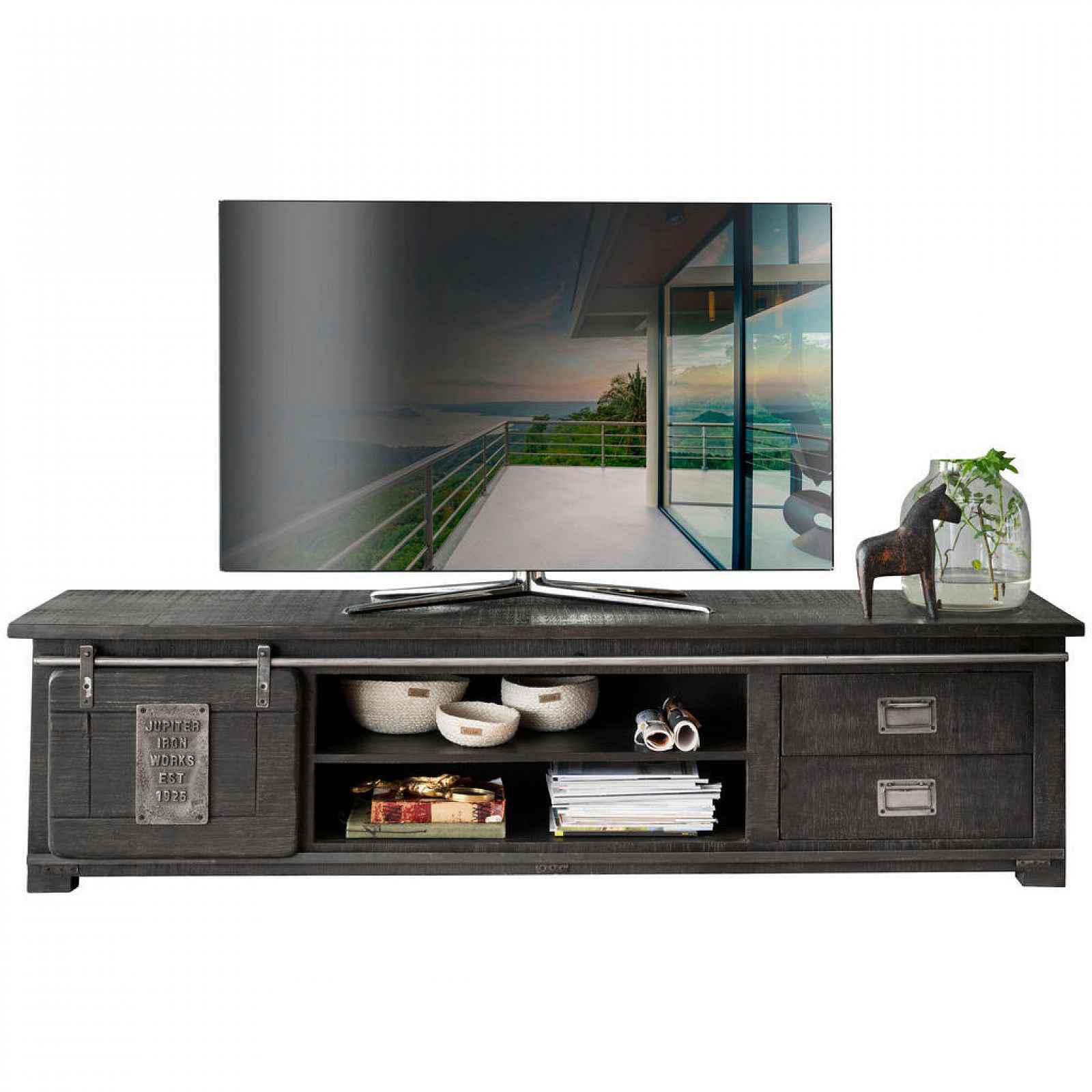 Livetastic TV DÍL, mangové dřevo, šedá, 200/50/55 cm - Komody z masivu - 002741008926