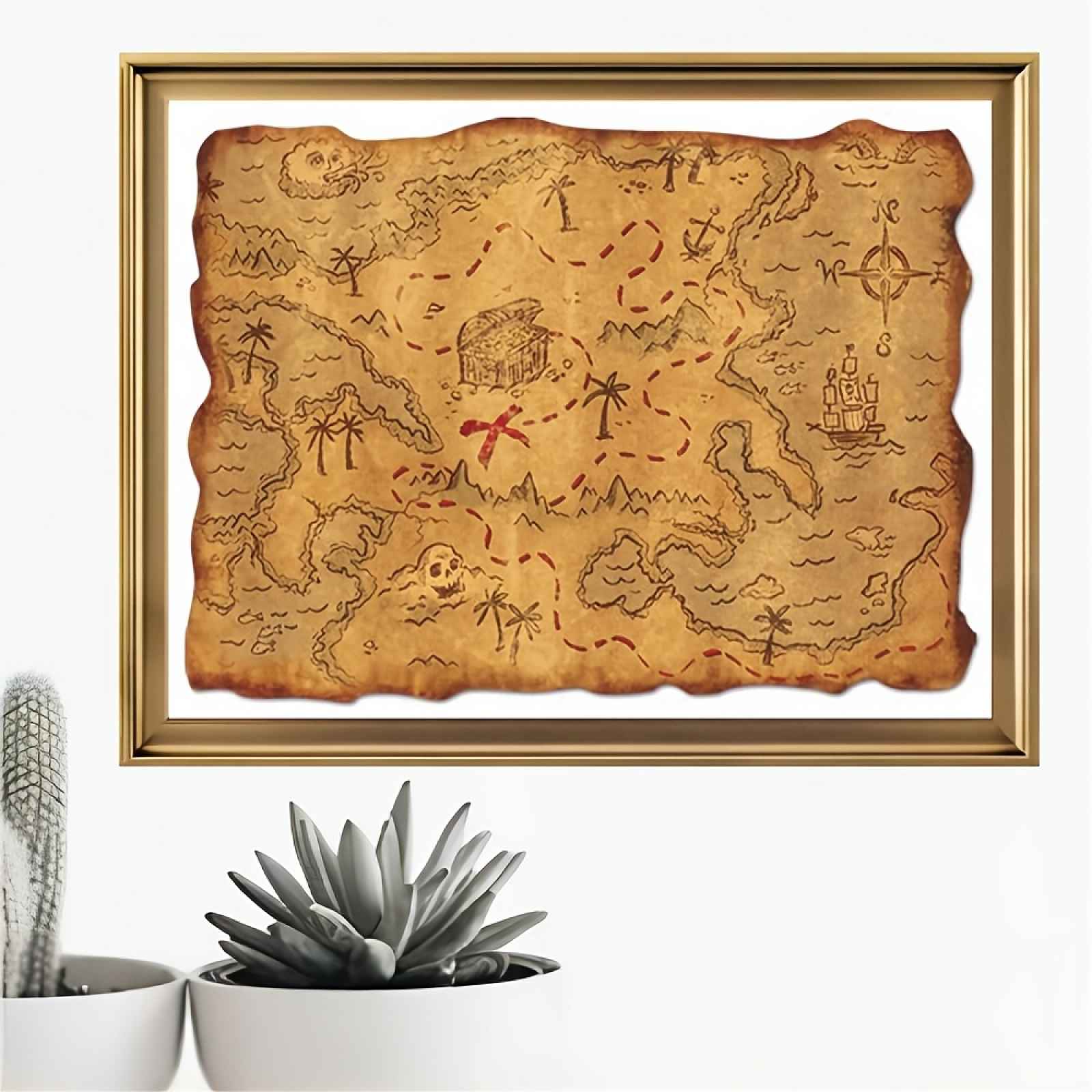 TEMU 2D Plochý, Vintage Pirátská Mapa Pokladů na Plátně - Bezrámová Dekorace na Zeď s Dobrodružným , Ideální pro Námořní a Průzkumné Dekorace,