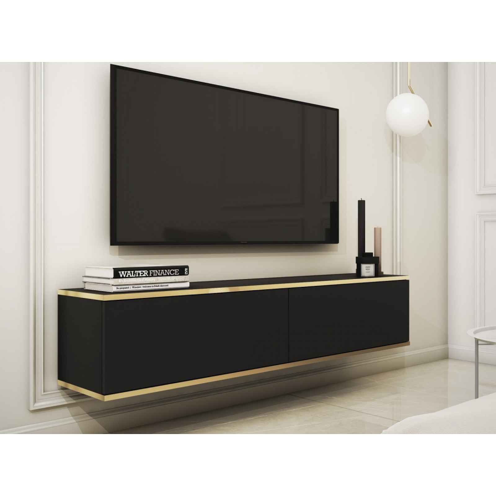 Závěsná TV skříňka Orfeo, 135 cm, černá/zlatá