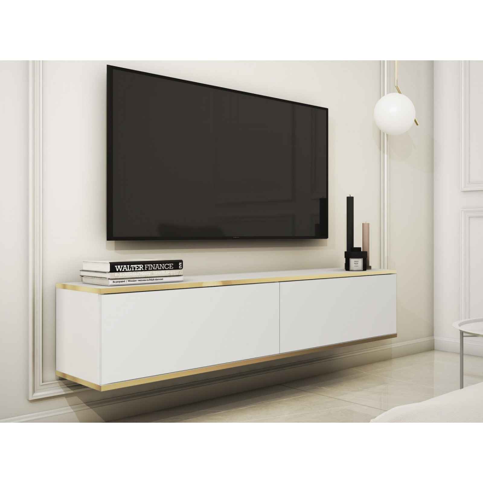 Závěsná TV skříňka Orfeo, 135 cm, bílá/zlatá