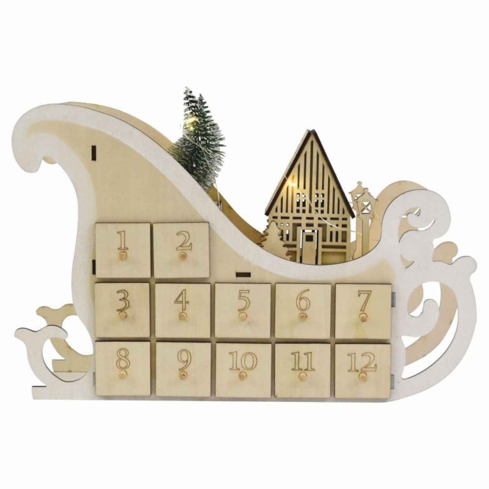 Vánoční adventní kalendář, sáně, 10 LED, na baterie
