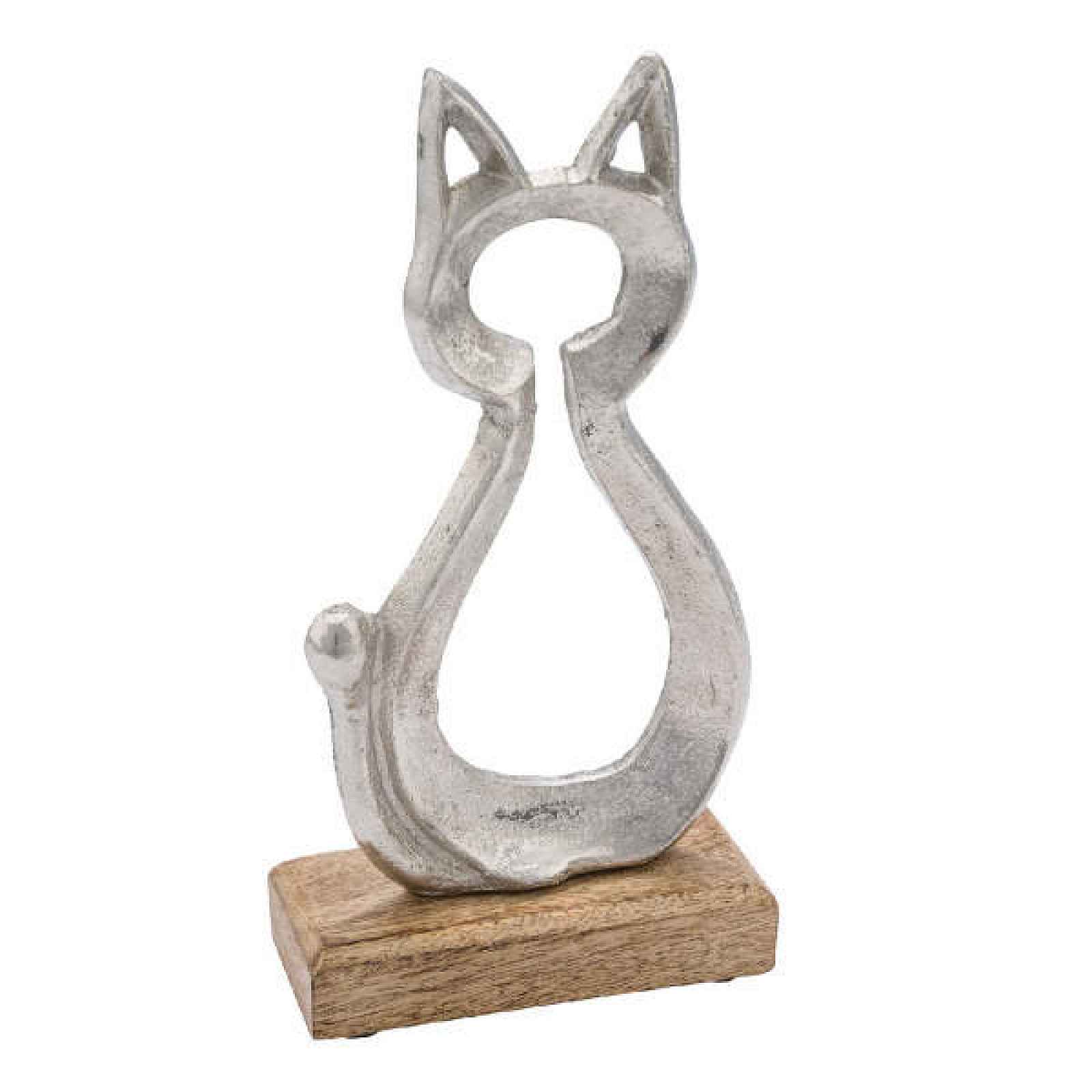 Kočka na podstavci kov/dřevo 15cm