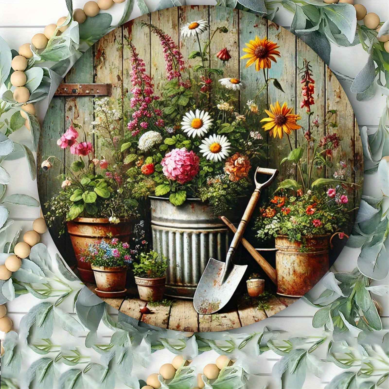 TEMU 1ks Rustic Garden Charm 8x8 palců kulatý kovový nástěnný znak - Vintage květinový a zahradní nástrojový akcenty z borovice, „Garden Decor“ text,