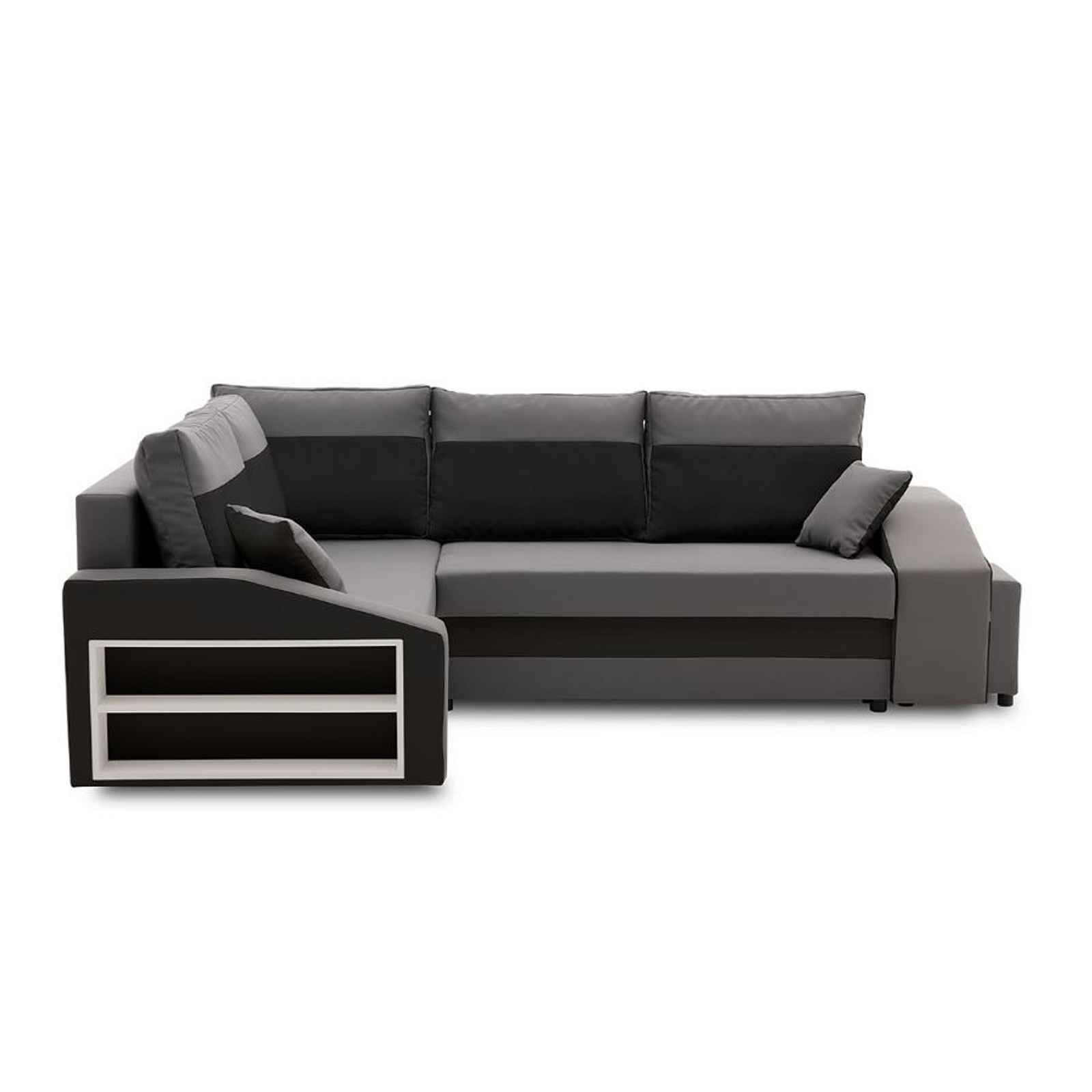 Rozkládací rohová sedací souprava s taburety a poličkou GRANDE micro Levá Šedá/černá