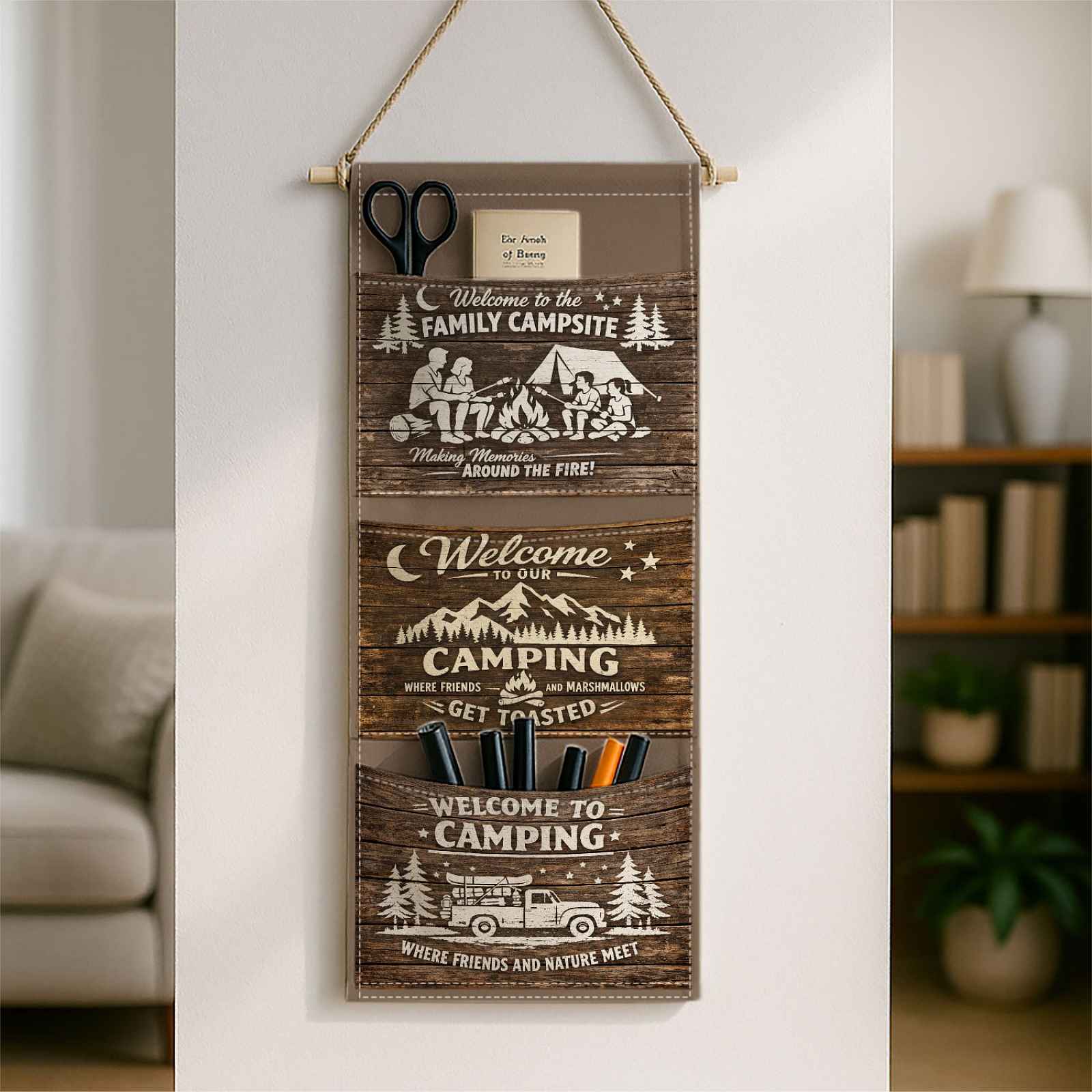 TEMU 1 ks Rustikální kempingový vintage nástěnný úložný vak - Víceúrovňový závěsný organizér s designem typografie hor a ohniště, prostorově úsporná