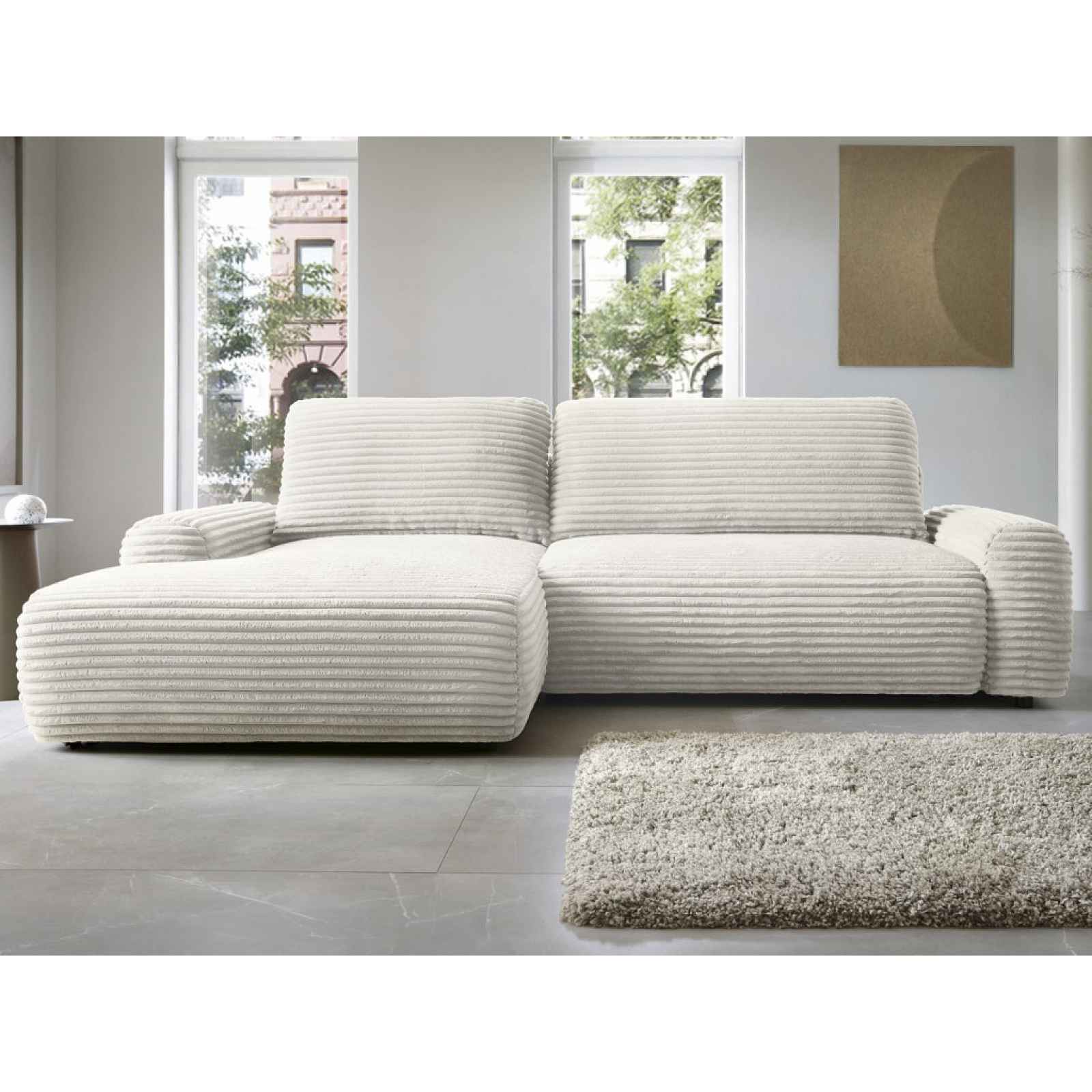 Rohová sedačka Cord, smetanově bílá strukturovaná látka, levý roh