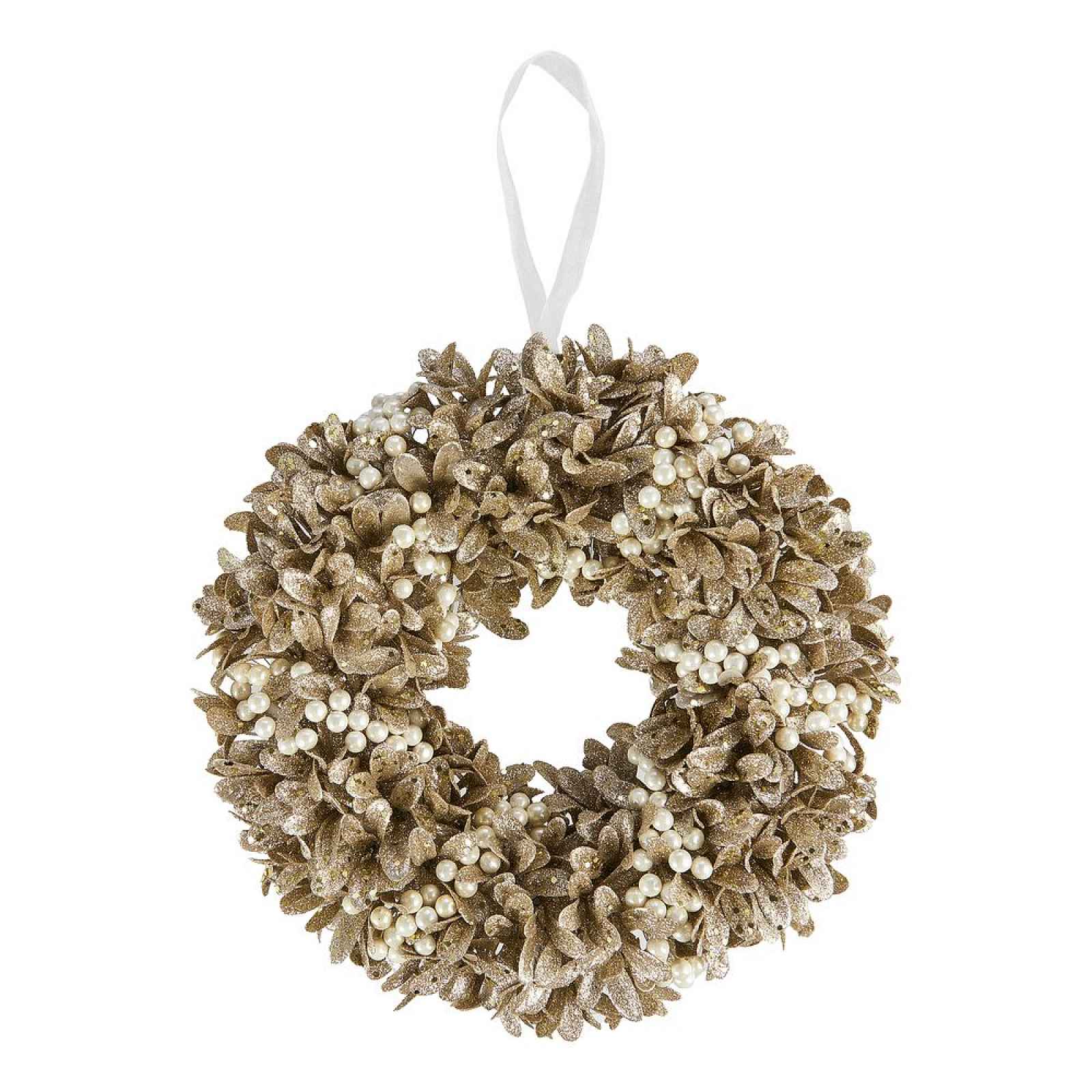 Butlers FLORISTA Věnec s perlami třpytivý 33 cm - zlatá
