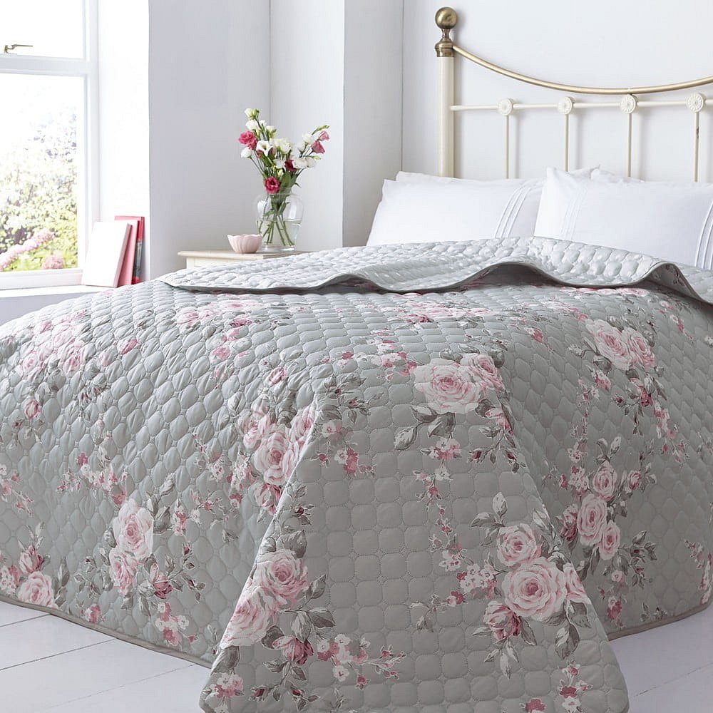 Šedý přehoz přes postel Catherine Lansfield Canterbury Rose, 240 x 260 cm