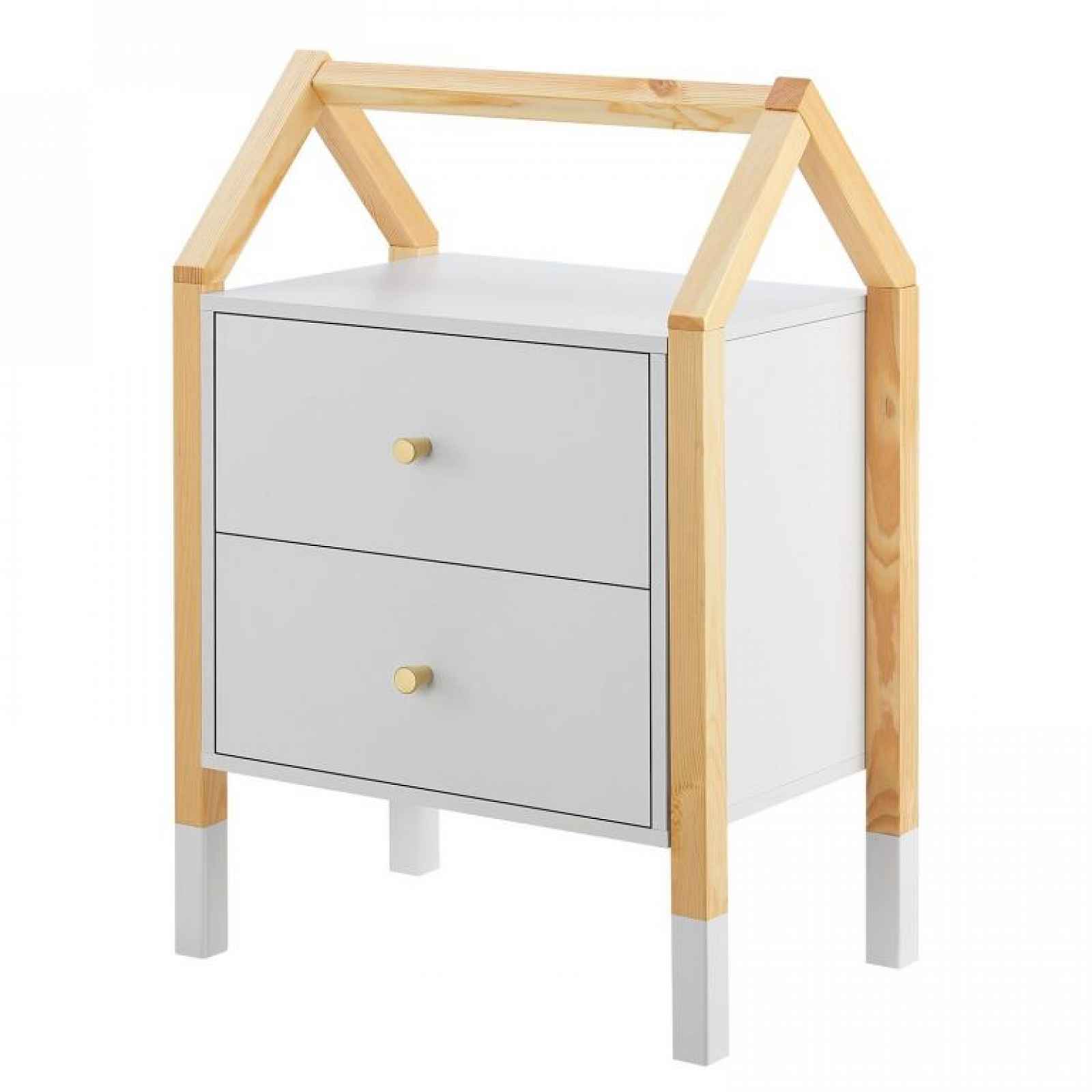 Dětský noční stolek bílý, domečkový design, 2 zásuvky