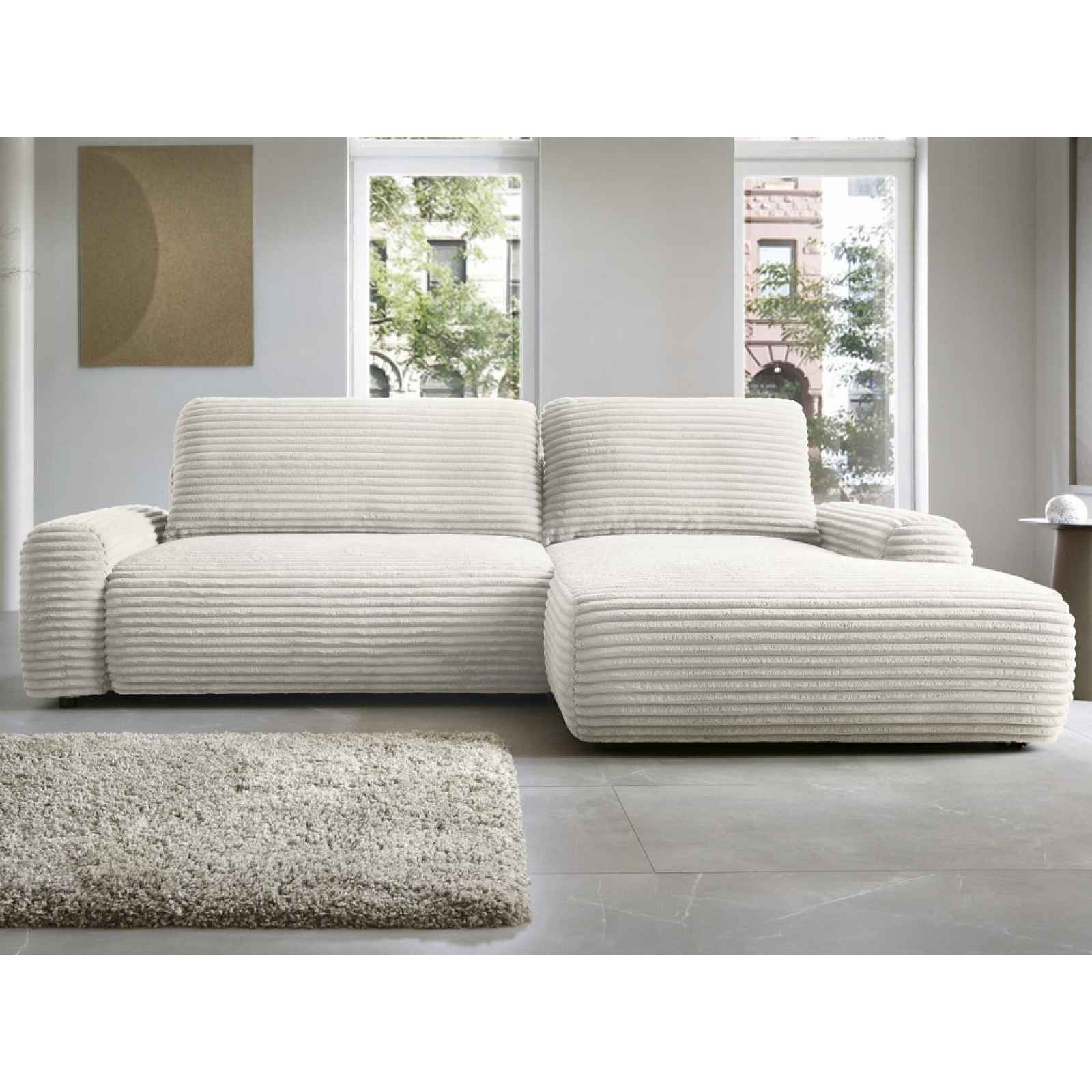 Rohová sedačka Cord, smetanově bílá strukturovaná látka, pravý roh