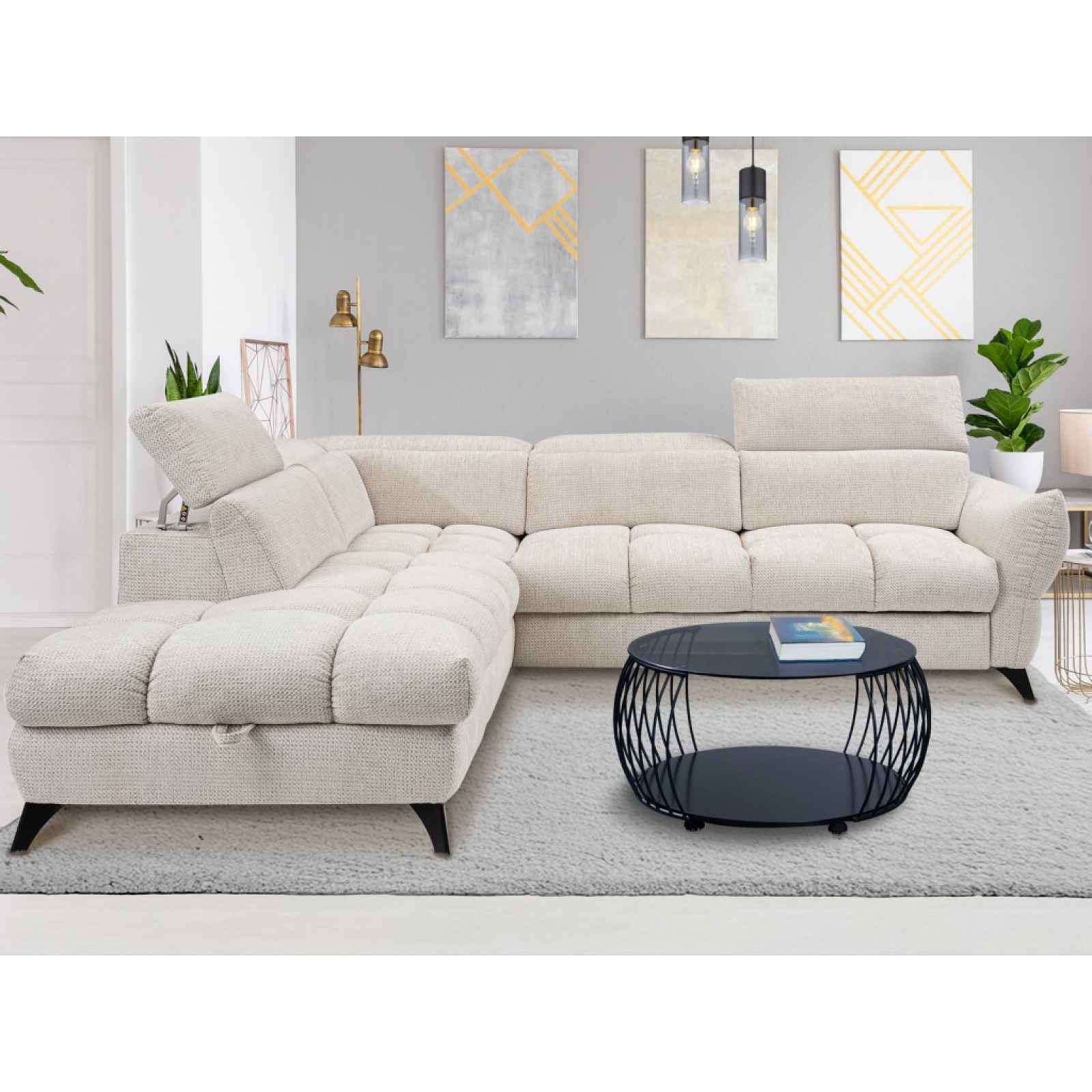 Rohová sedačka Fubu, šedo-krémová strukturovaná látka, levý roh