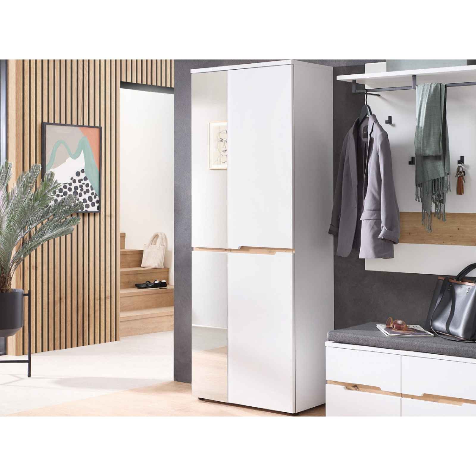 Předsíňová šatní skříň se zrcadlem Memphis, 65 cm, bílá/dub artisan