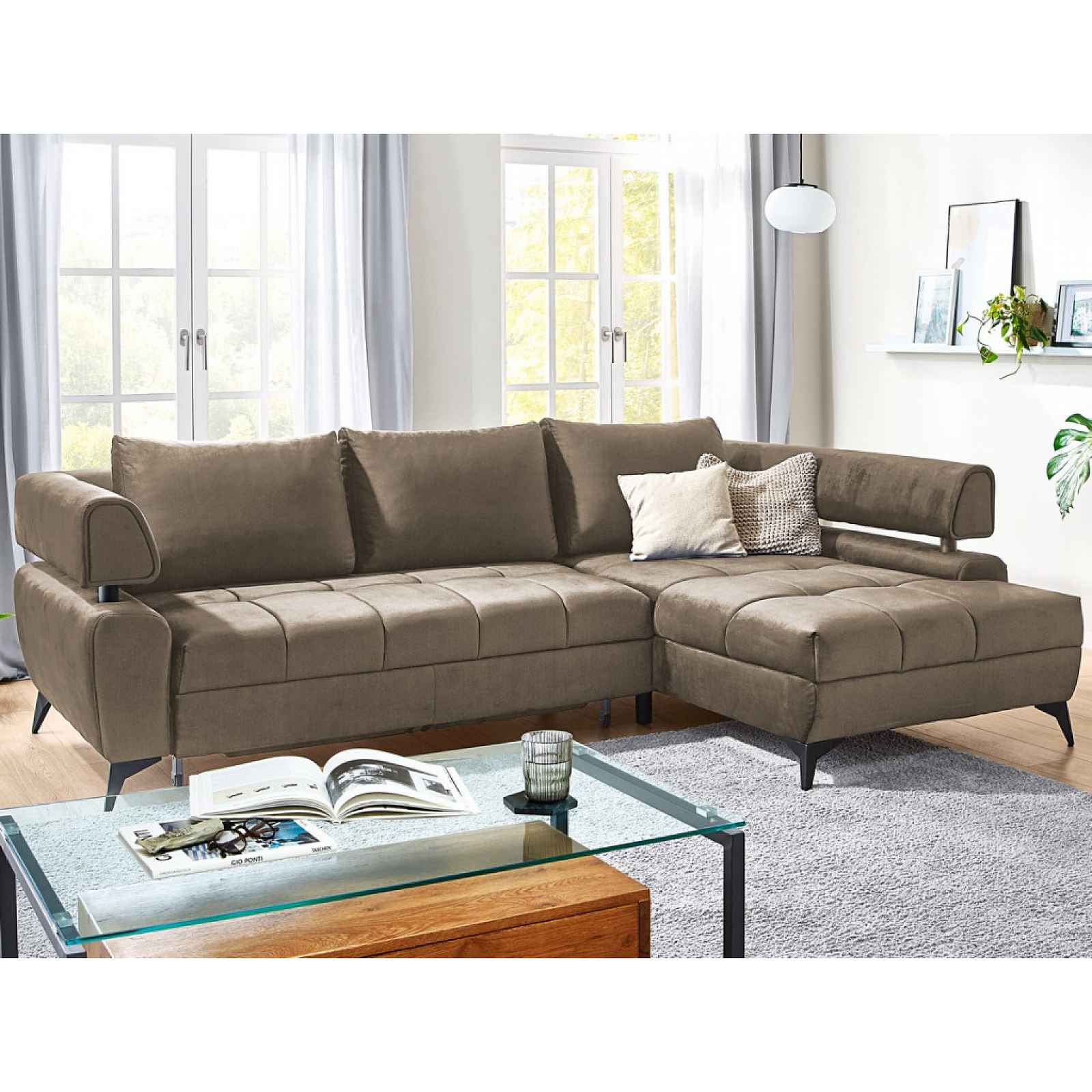 Rohová sedací souprava Paris, světle hnědá látka, pravý roh