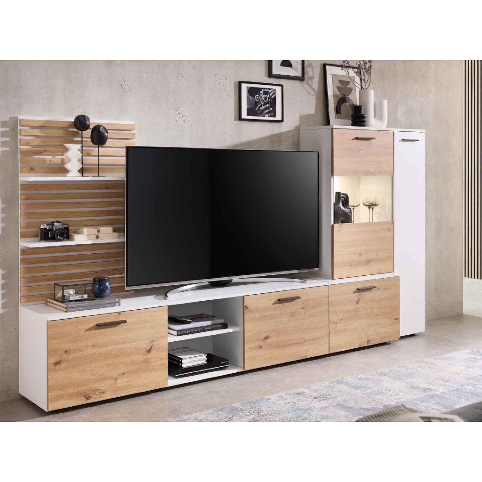 Obývací stěna Heathrow, bílá/dub artisan, s osvětlením