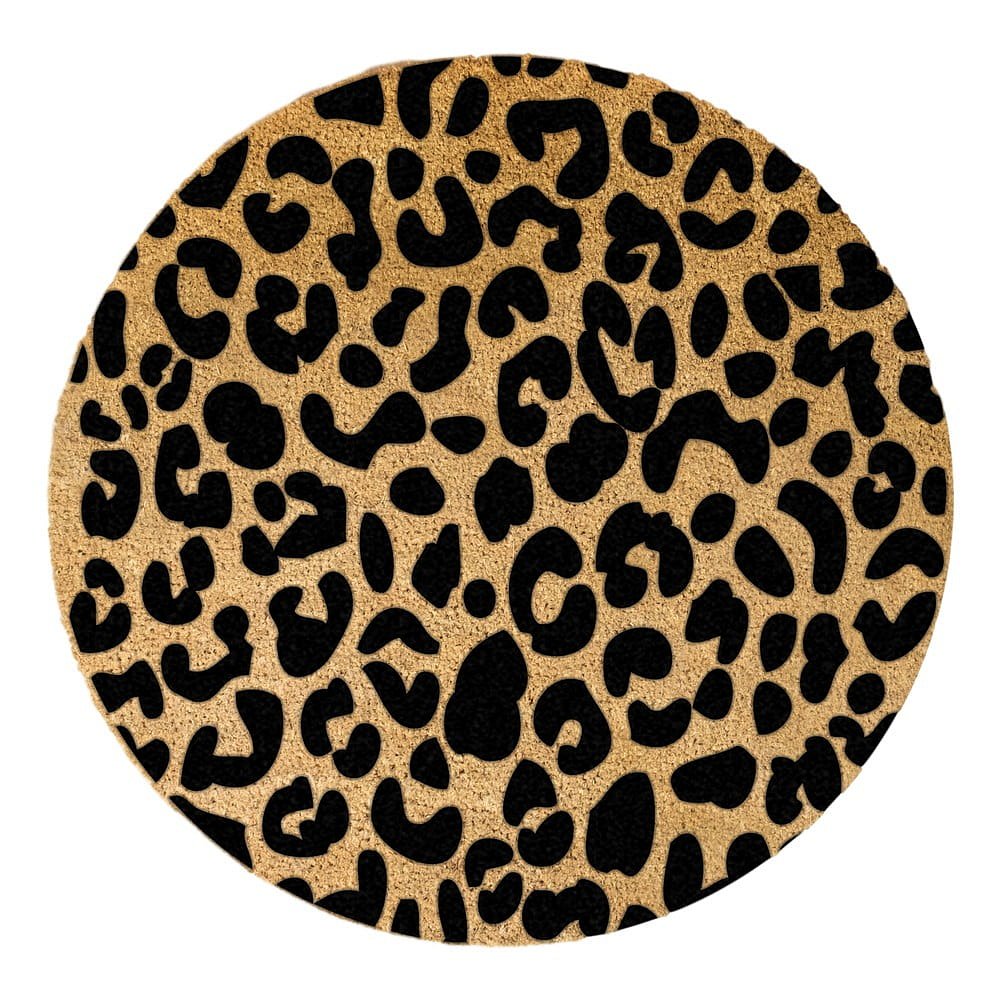 Černá kulatá rohožka z přírodního kokosového vlákna Artsy Doormats Leopard, ⌀ 70 cm