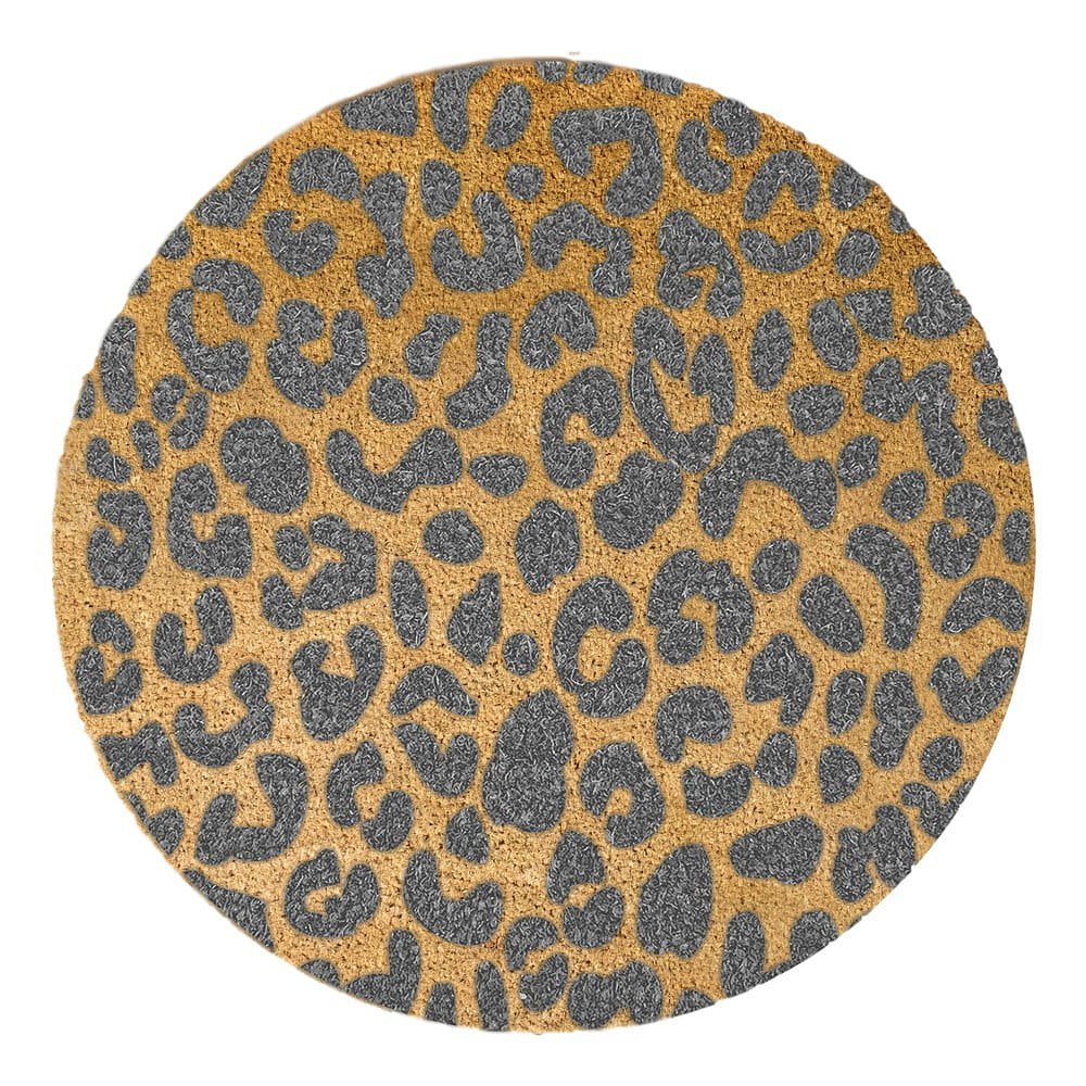 Šedá kulatá rohožka z přírodního kokosového vlákna Artsy Doormats Leopard, ⌀ 70 cm