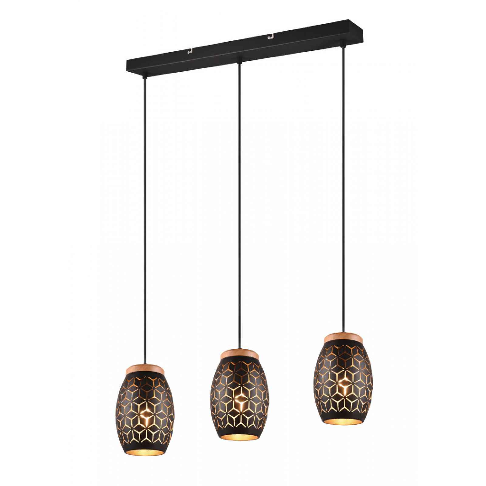 Závěsné stropní osvětlení Bidar 71 cm, černý kov/dřevo, 3 svítidla