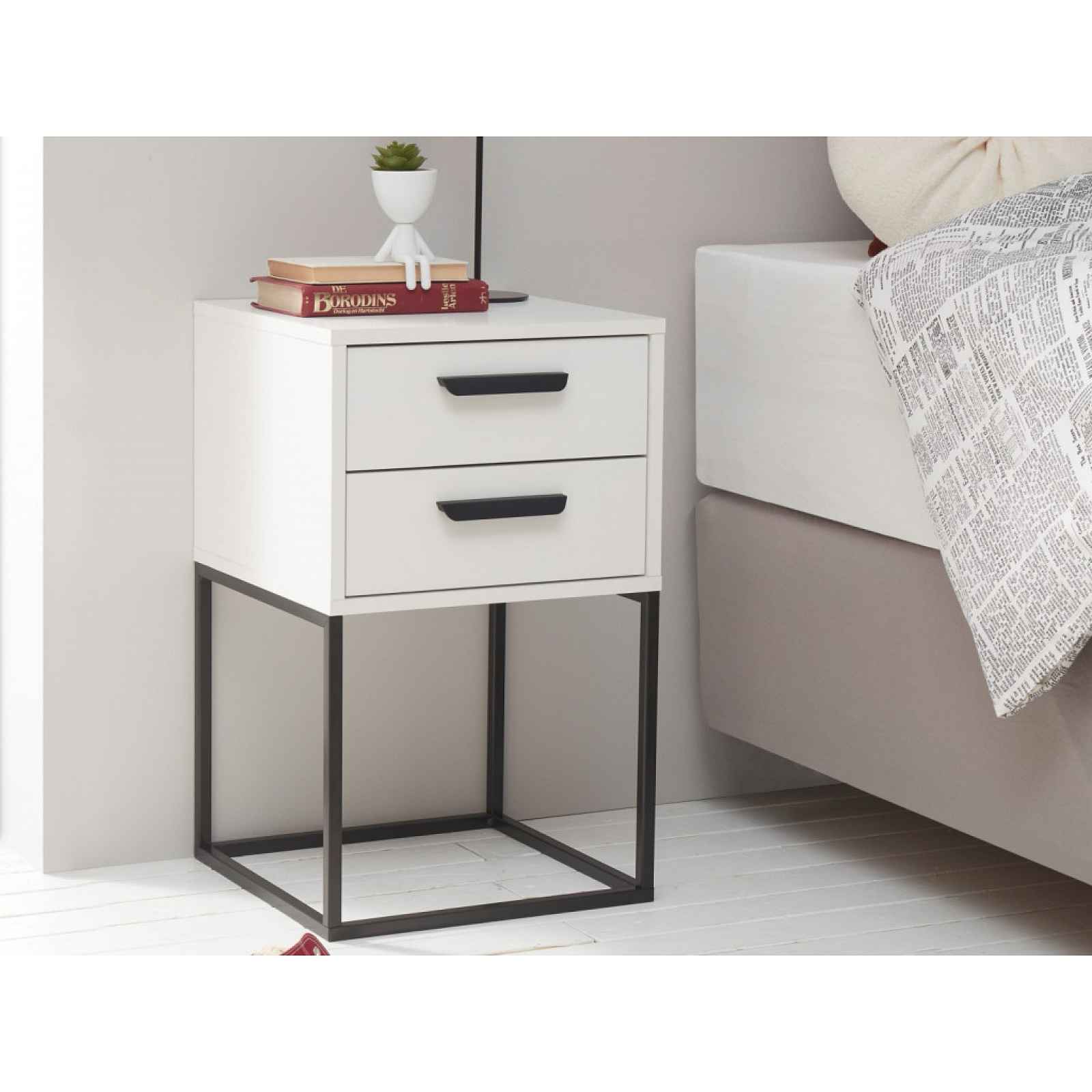 Noční stolek se 2 zásuvkami Suna, bílý