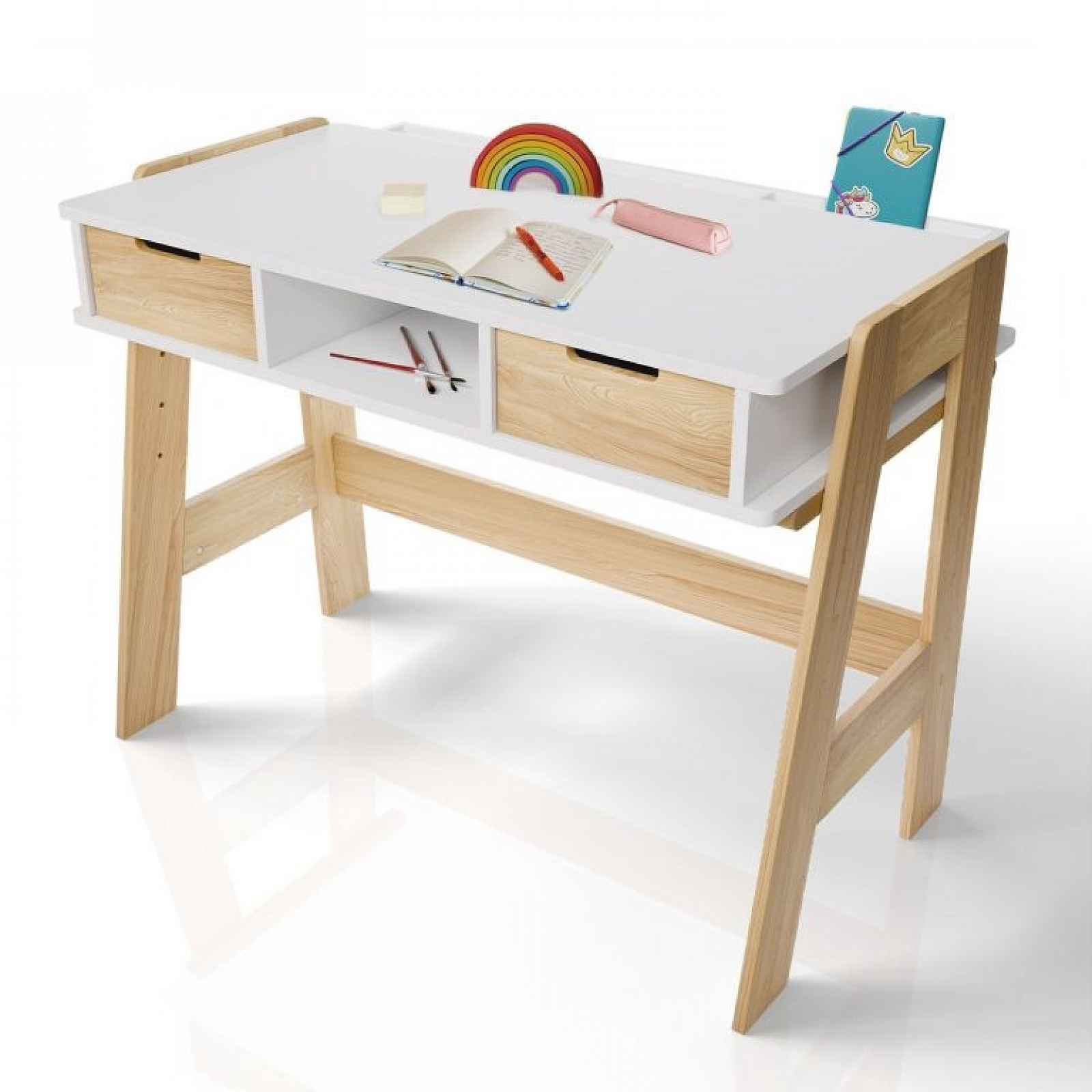 Dětský psací stůl bílý, výškově nastavitelný, úložný prostor