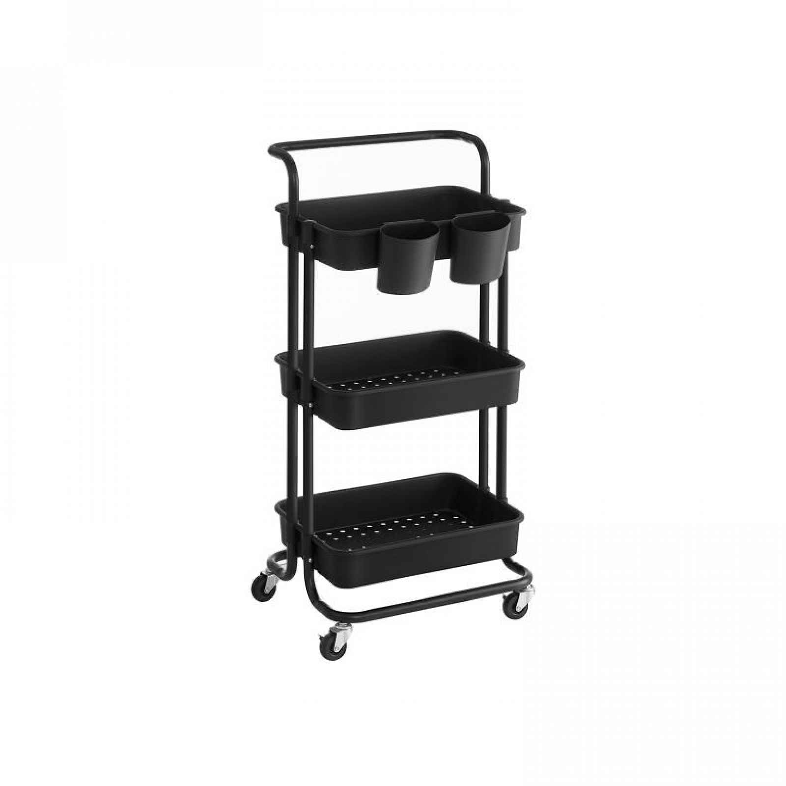 Černý pojízdný regál s 3 policemi a organizéry
