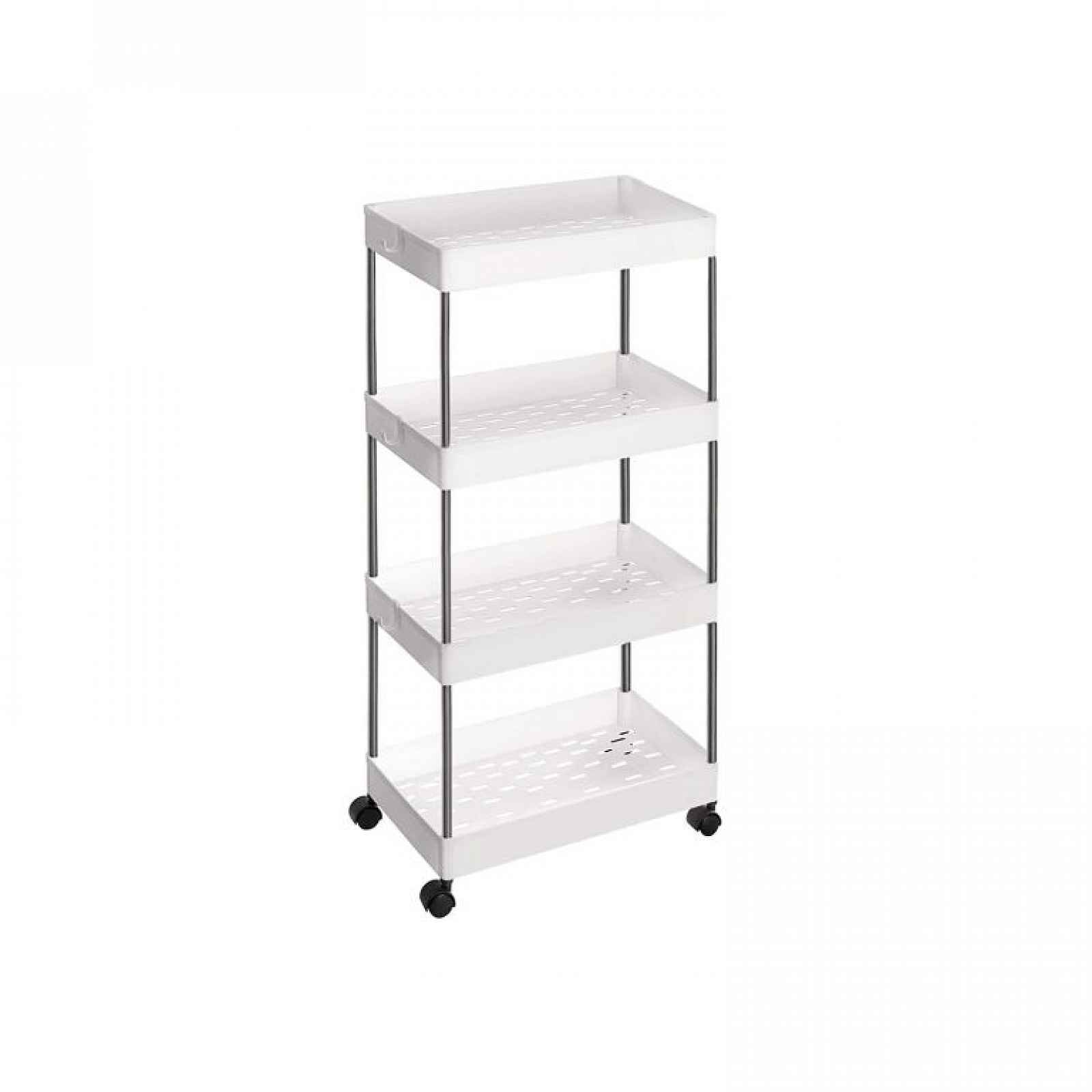 Úzký pojízdný regál na kolečkách, 4 patra, 40x22x86 cm, bílý