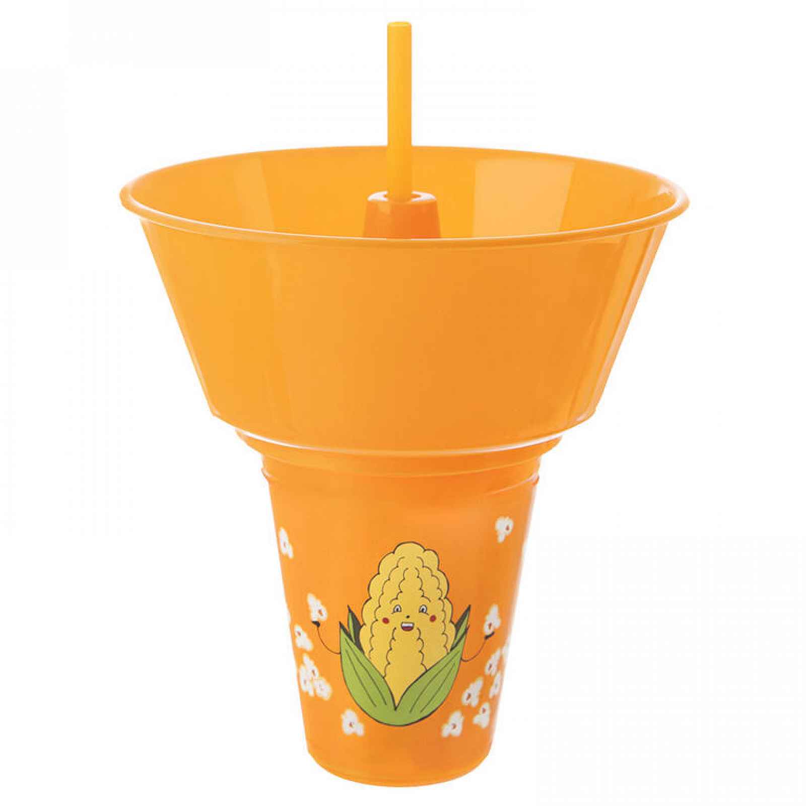 Pohár s brčkem a miskou na popcorn SNACK, oranžový, 550 ml