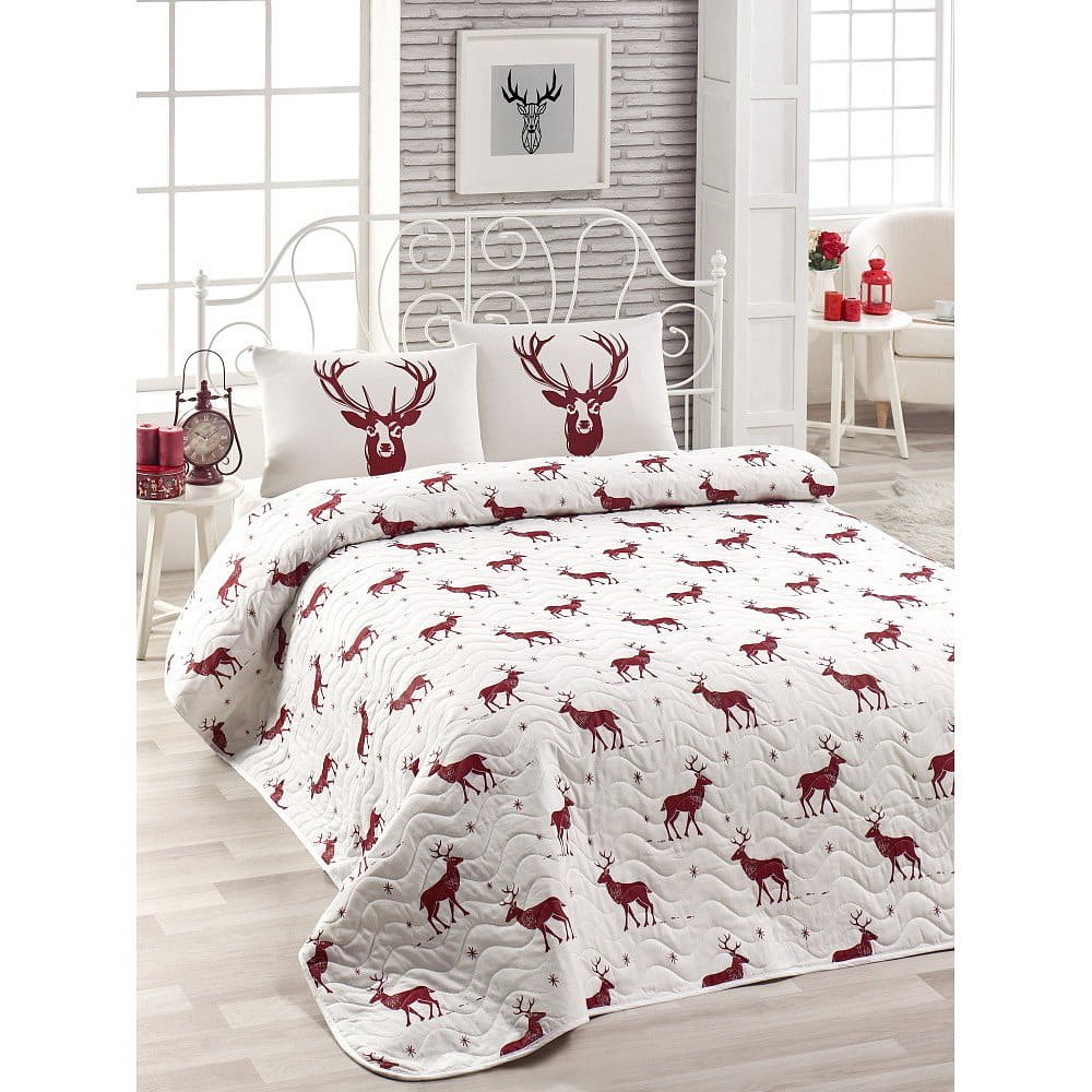 Set přehozu přes postel a 2 povlaků na polštář s příměsí bavlny Geyik Claret Red, 200 x 220 cm