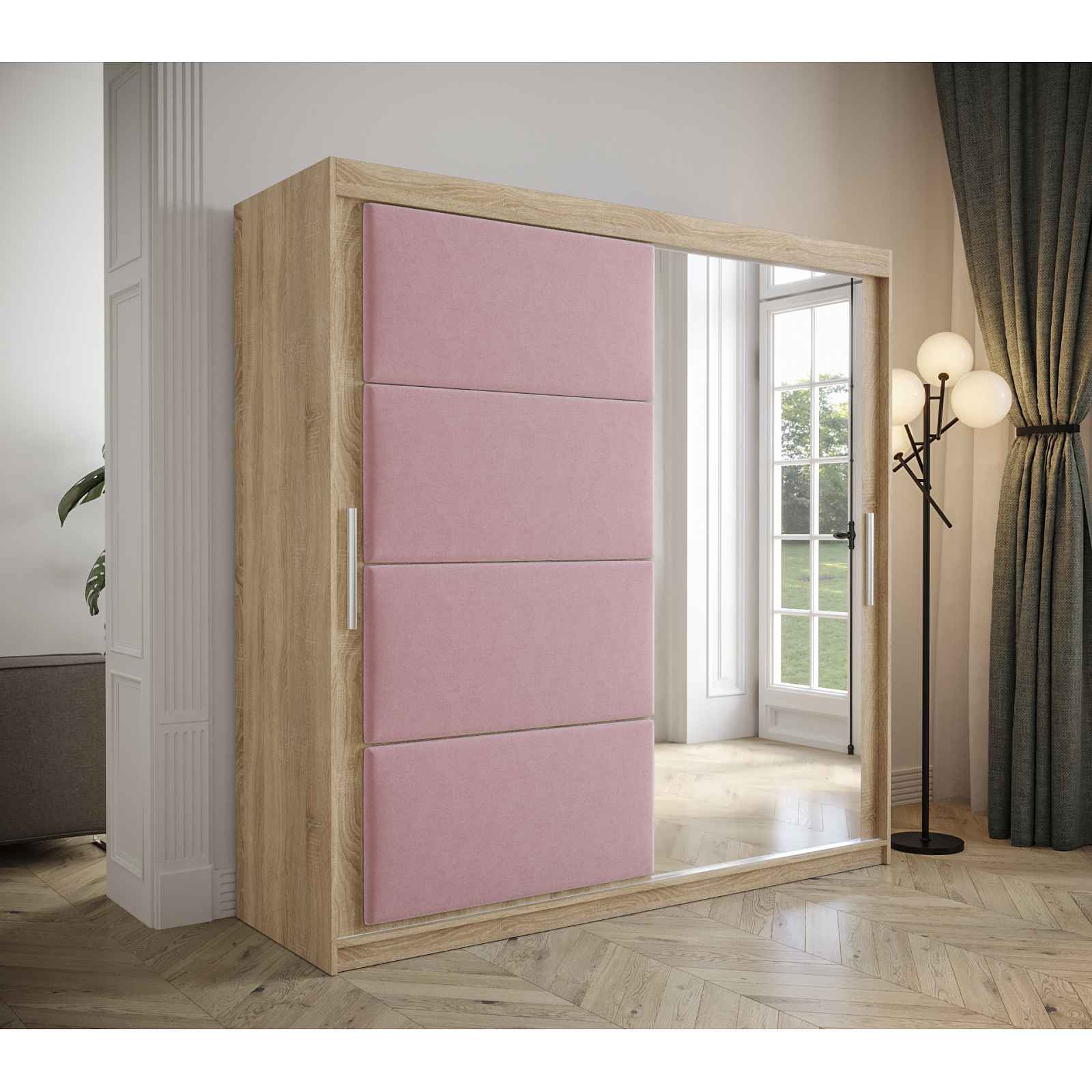 Šatní skřín Tempica 200cm se zrcadlem, sonoma/růžový panel