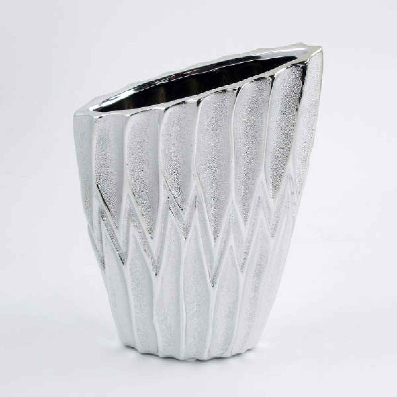 Váza ovál zkosená dekor křivky keramika stříbrná 17x23cm