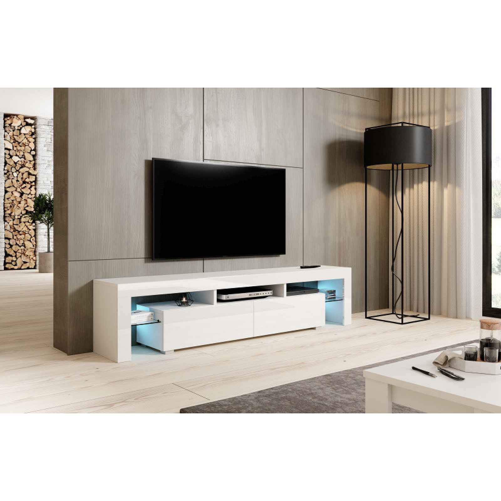 Moderní TV stolek Trogir 200cm, bílá/bílý lesk