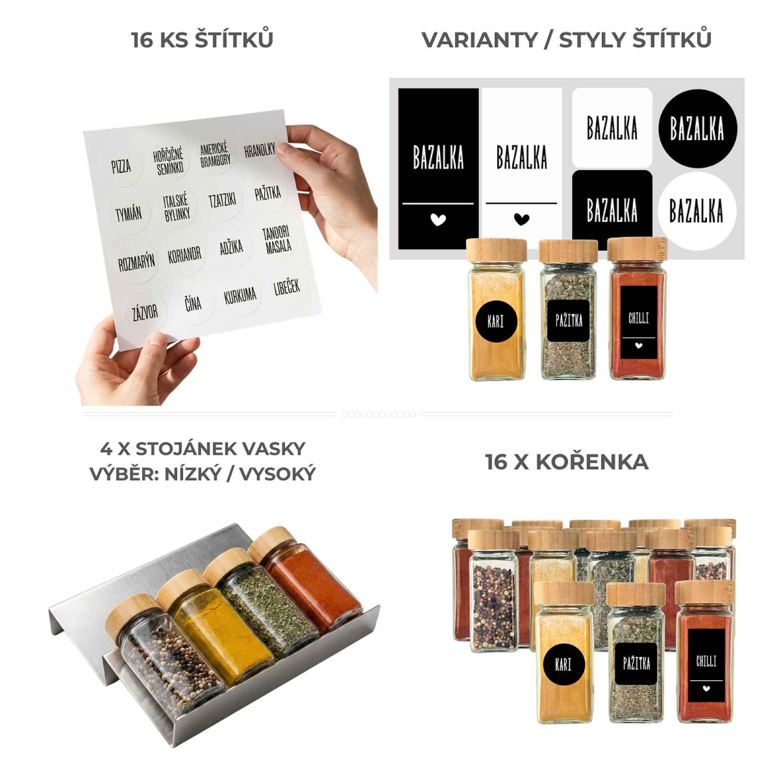 Orion Sada 16ks kořenek DECOR 120ml + 4ks organizér na kořenky VASKY - NEREZ + sada 16ks štítků