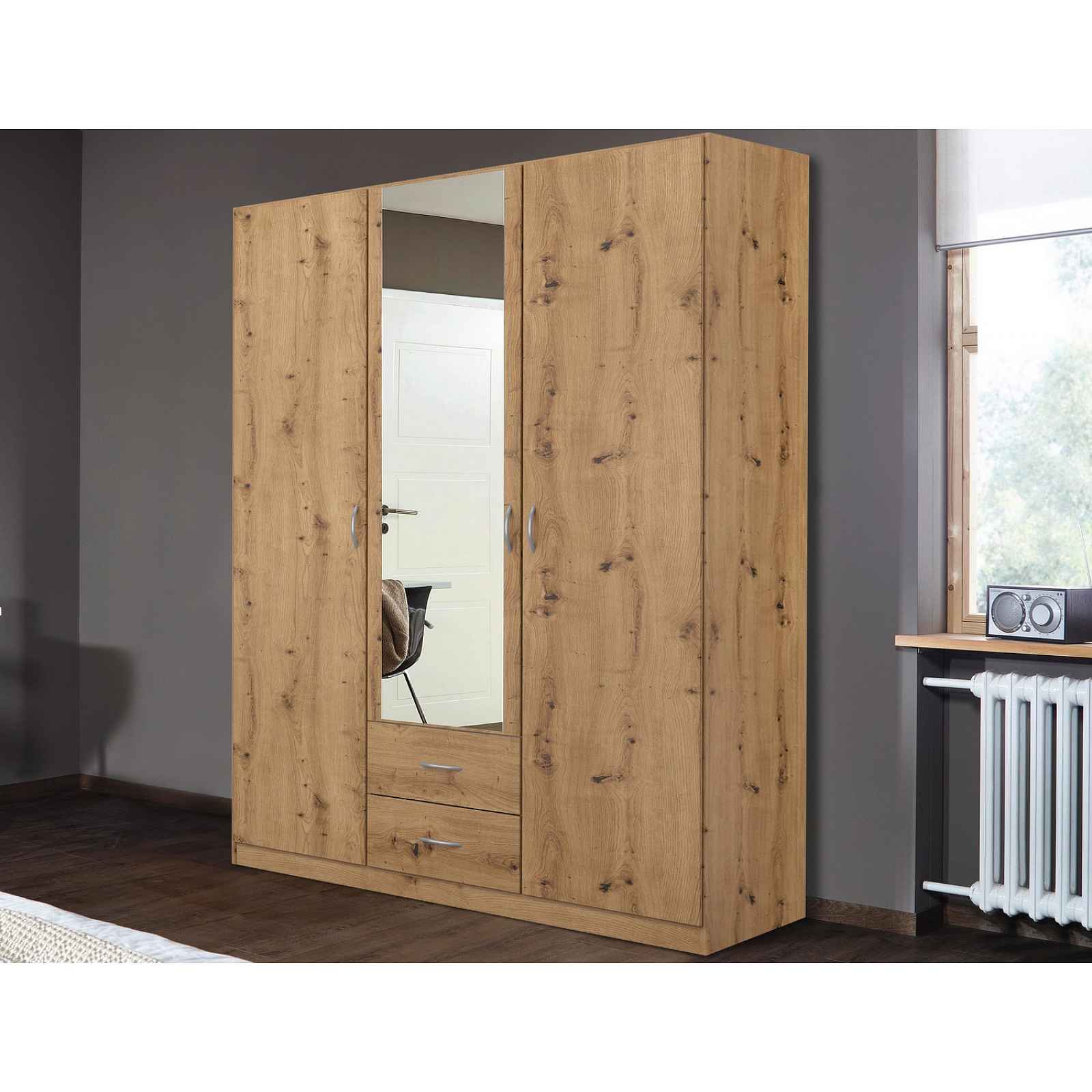 Šatní skříň se zrcadlem Case, 136 cm, dub artisan