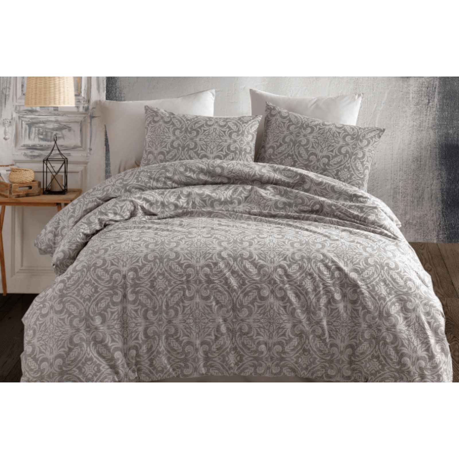 Klinmam Home povlečení Titania V1 Grey z Renforcé bavlny, šedé s ornamentálním vzorem, 140x200 cm + 90x70 cm