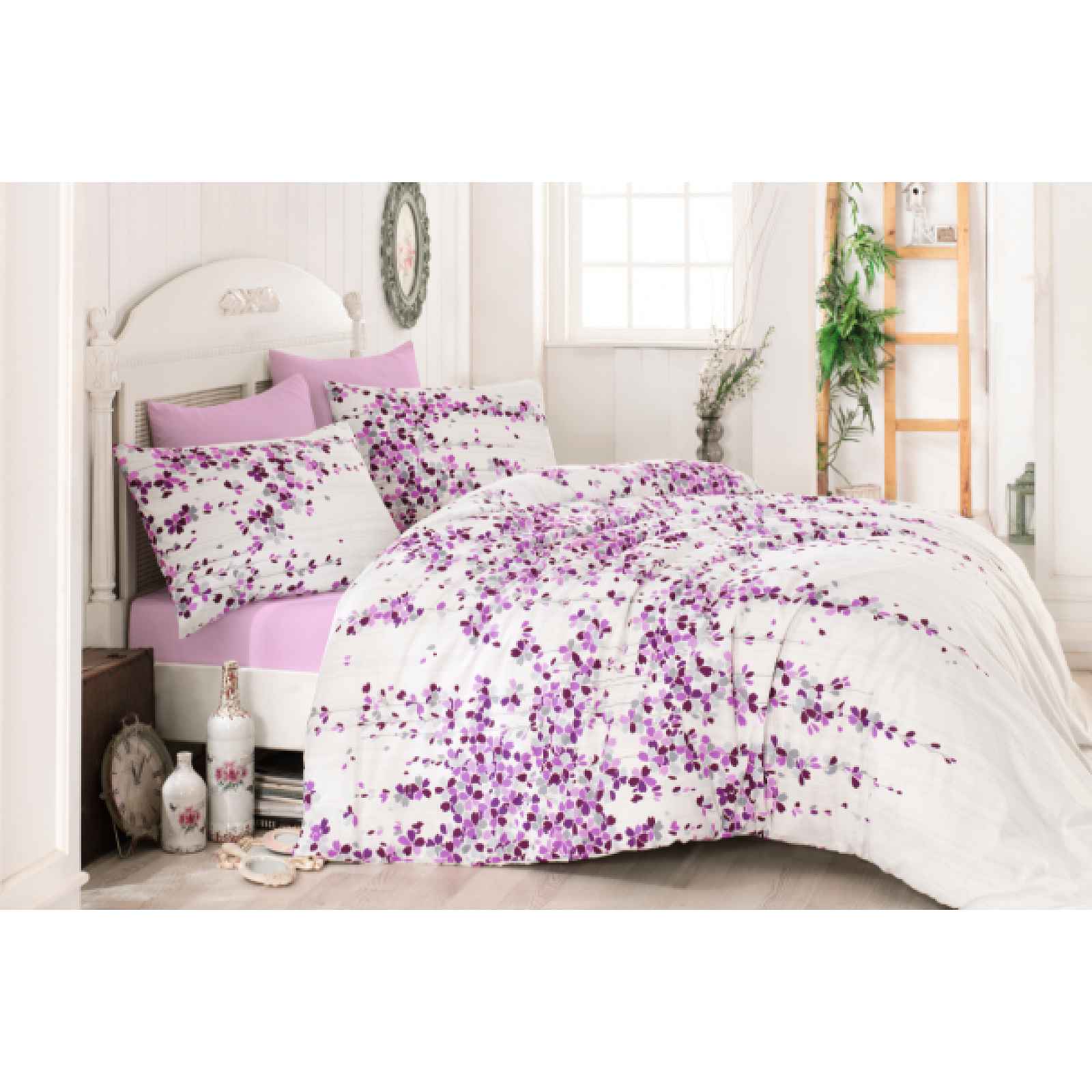 Klinmam Home povlečení Time Pink V3 Lilac z Renforcé bavlny s šedými a fialovými květy, 140x200 cm + 50x70 cm