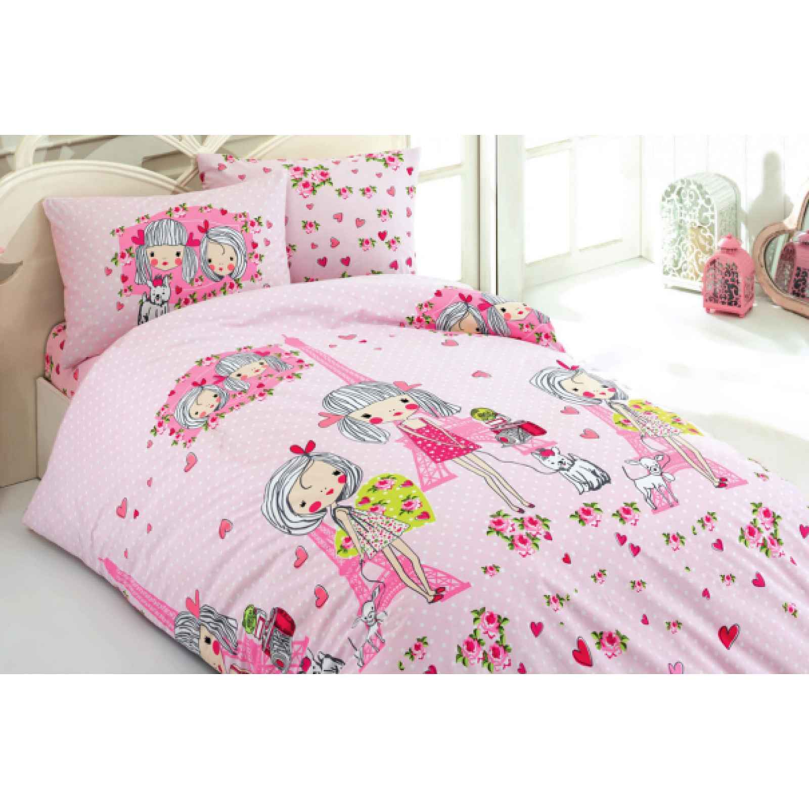 Klinmam Home povlečení She V1 z Renforcé bavlny, dívčí, růžové, kreslené postavy v Paříži, 140x200 cm + 50x70 cm