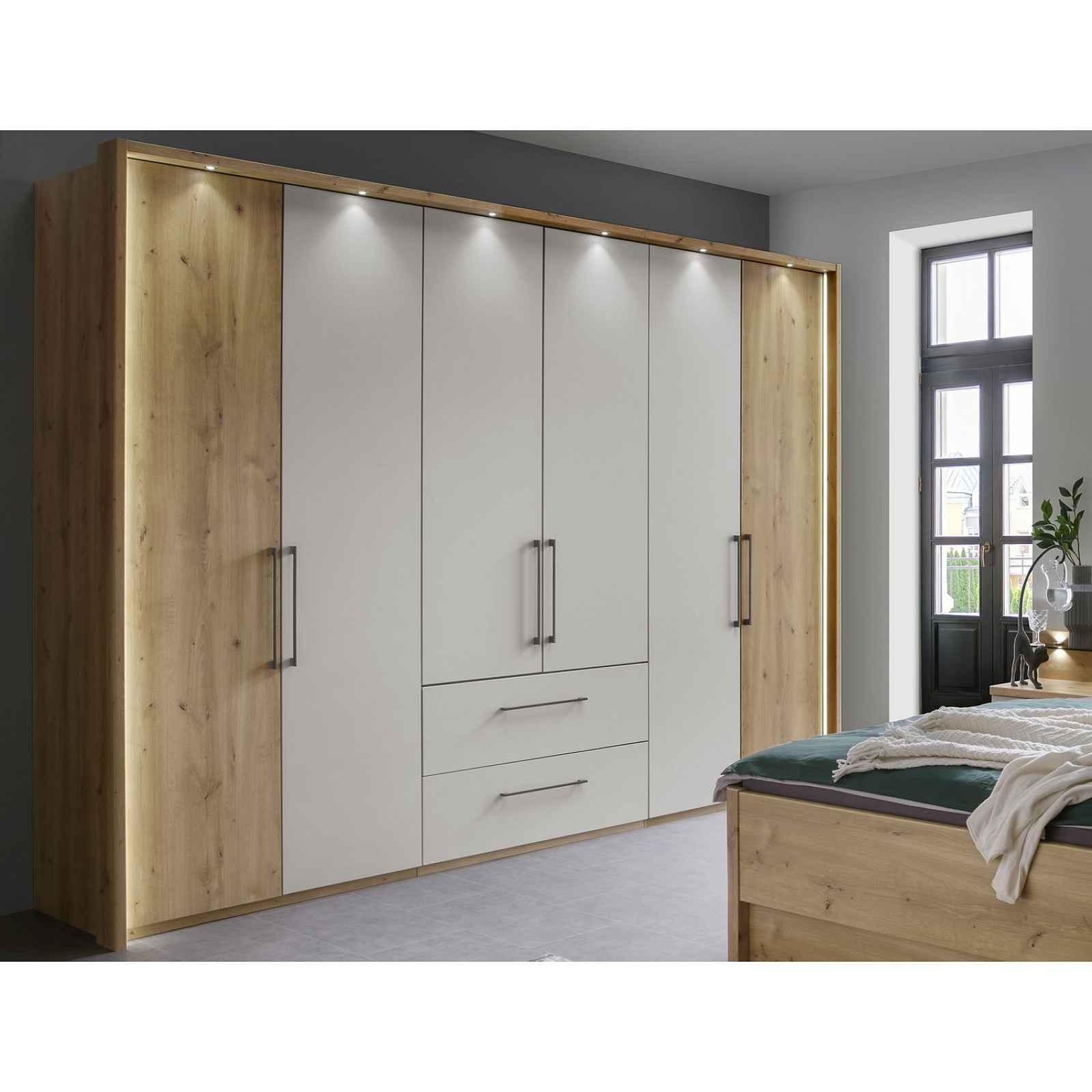 Šatní skříň Kanada, 300 cm, dub bianco/šedá