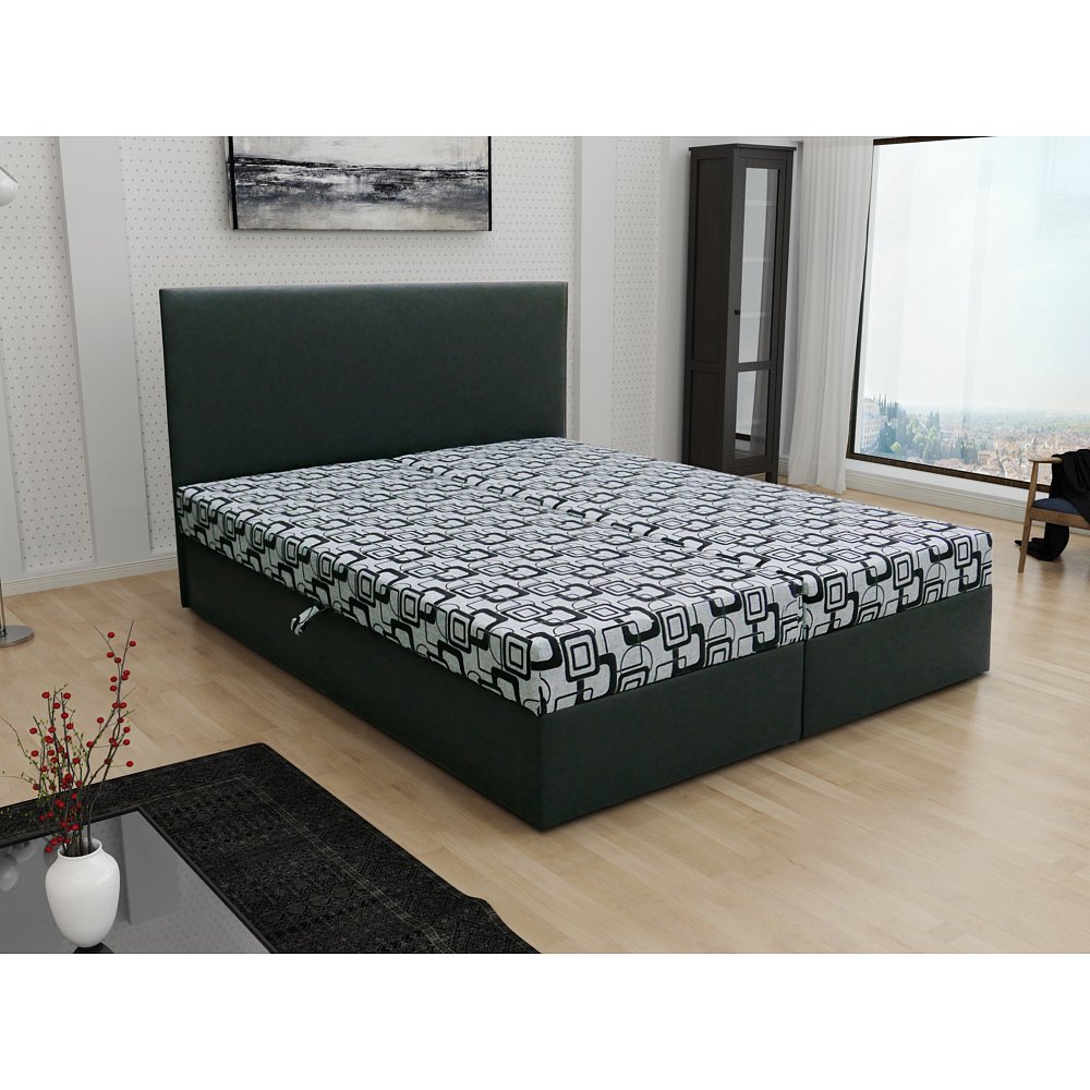 Čalouněná postel JERRY 140x200, šedá látka se vzorem/černá ekokůže