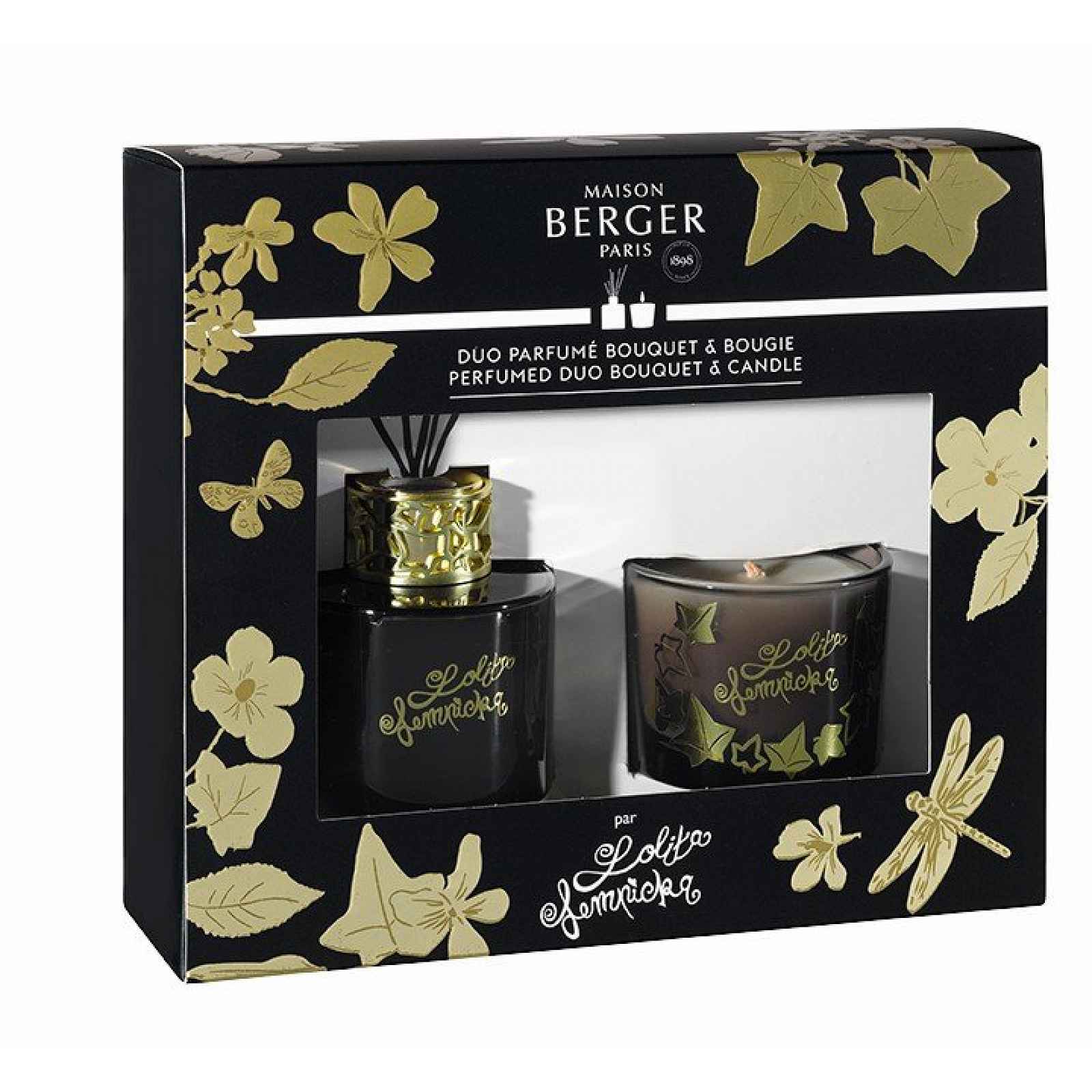 Maison Berger Paris dárková sada Duo Mini Lolita Lempicka: aroma difuzér s náplní 80 ml + vonná svíčka 80 g, černá