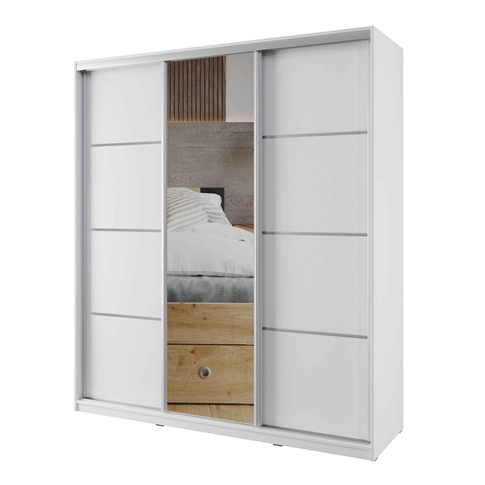 Šatní skříň NEJBY BARNABA 180 cm s posuvnými dveřmi, zrcadlem, 4 šuplíky a 2 šatními tyčemi, bílá